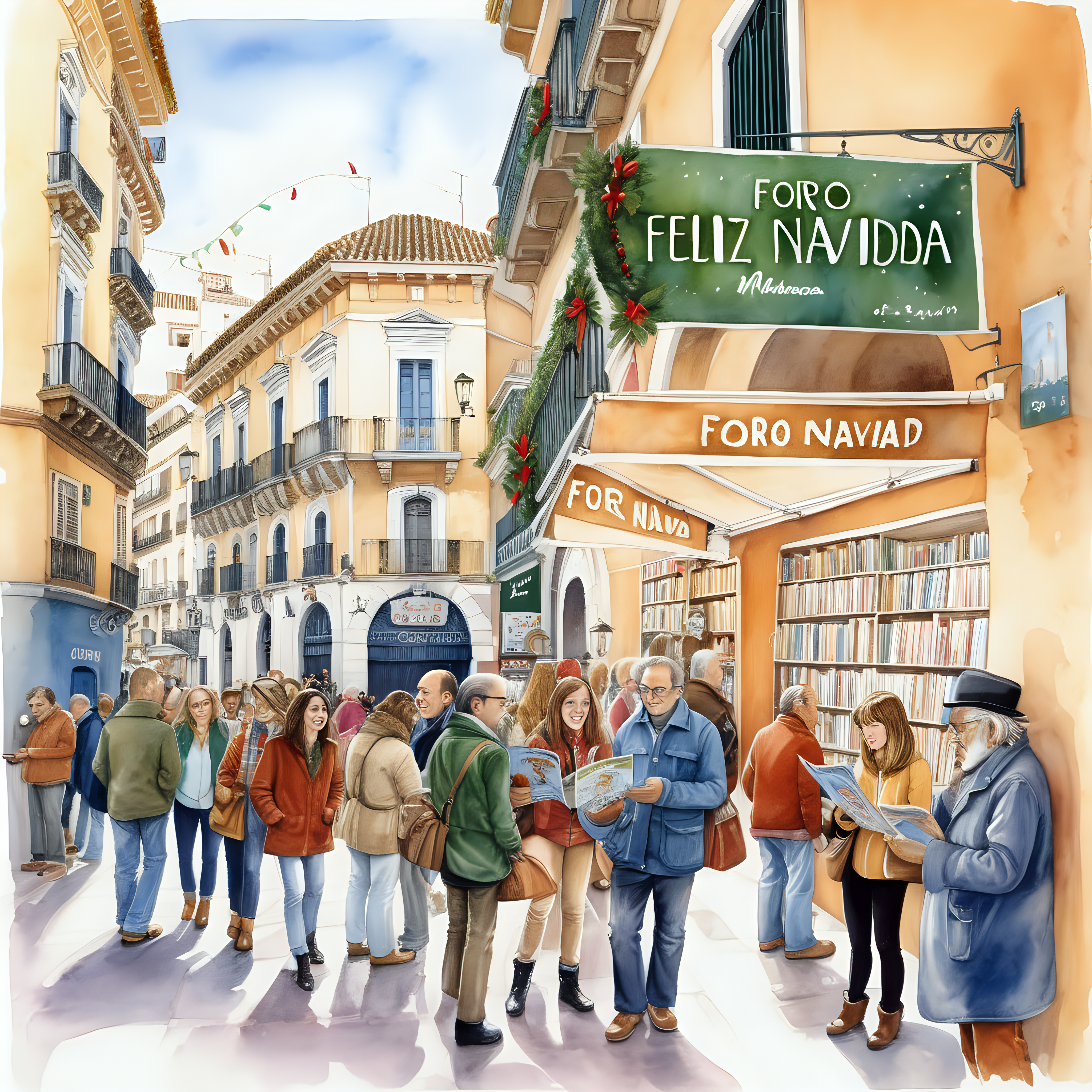 Calles de Málaga con letrero "foro Bd, feliz navidad" al principio.Ambiente navideño, Luego multitud feliz leyendo comics, escaparate librería, estilo milo manara,acuarela