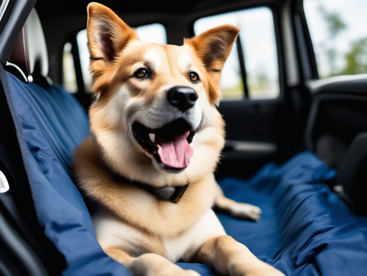 Create an image of a dog relaxing on the back seat of a car. The back car seat is protected with a car seat cover. The cover color is dark blue. The dog is of a large size, looks happy and relaxed, with the tongue out, laying on the mat sideways to the camera, looking to the right, turned away from the camera. The color of dog is beige. The weather outside is bright and sunny.