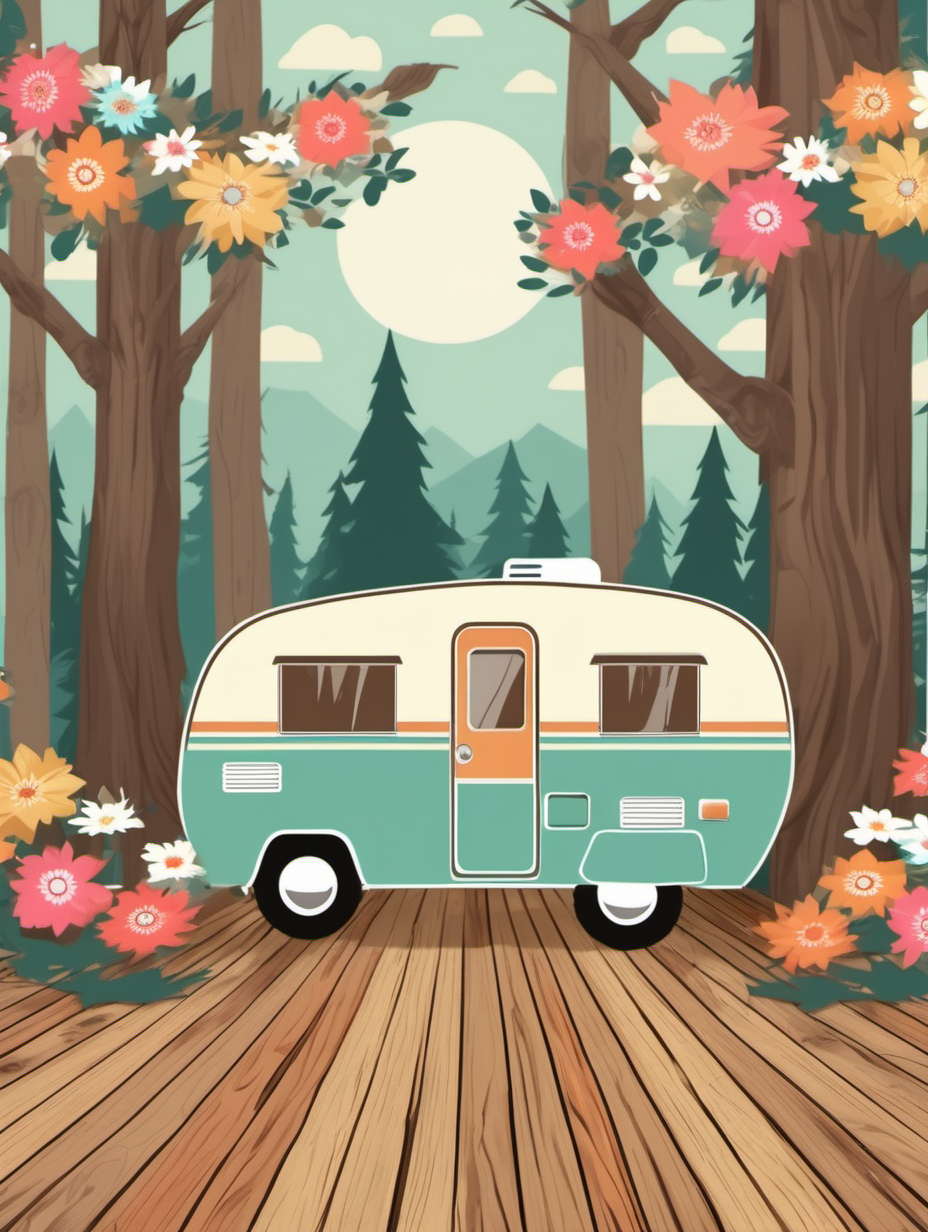 wood floor background, retro camper, flowers, trees