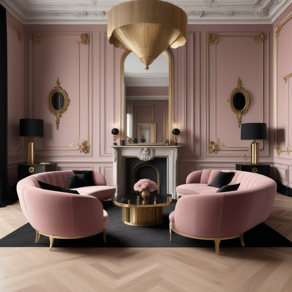 a hyperrealistic image of a palatial Modern Parisian   in a beige oak brass dusty rose and black colour palette