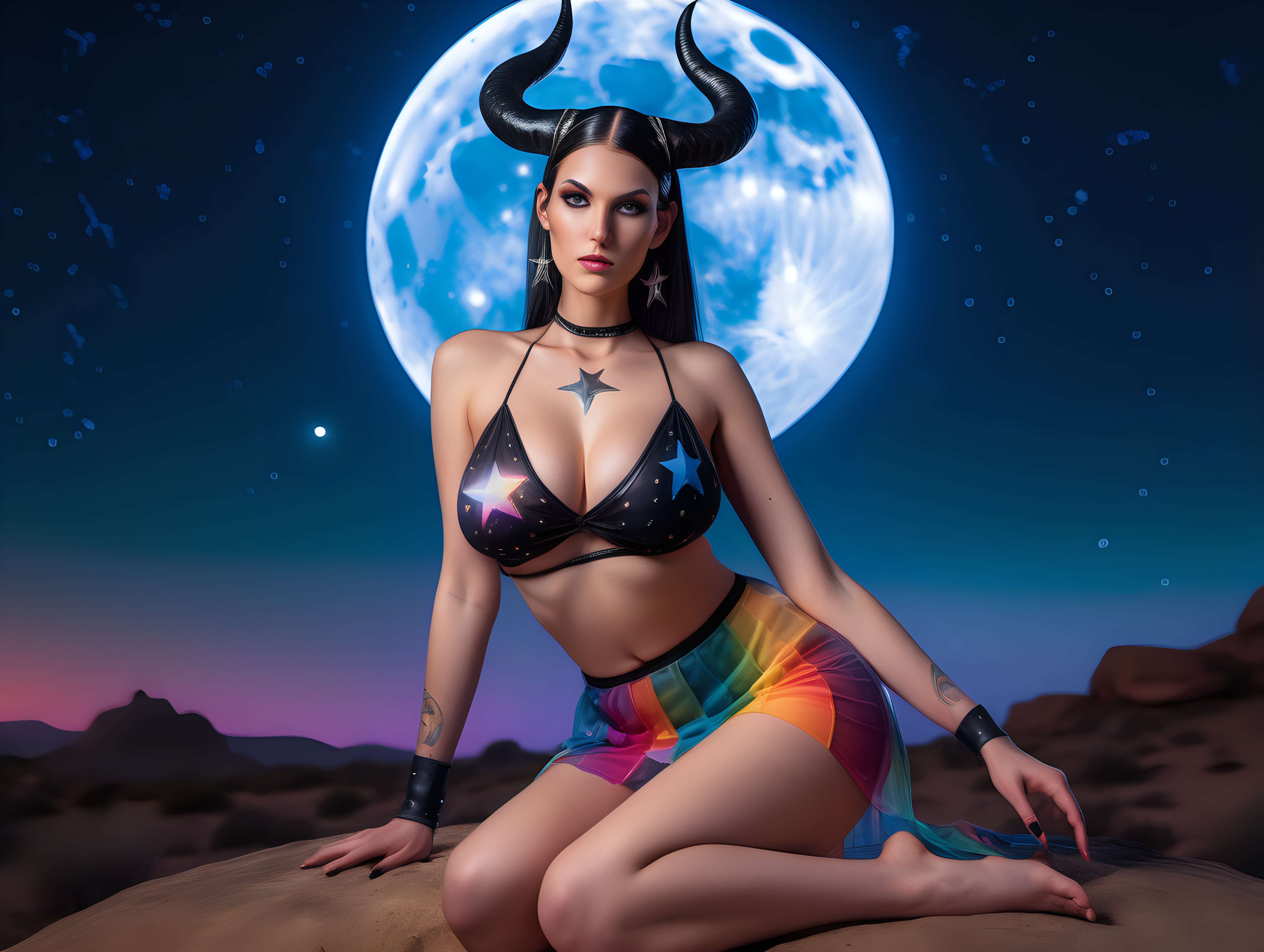 ultra-realistic high resolution and highly detailed adult film photoshoot of a slender female human, with sleek pointy black horns gently swept straight backwards over head, with massive breasts, she has draconic symbols on arms and body, with a colourful open front transparent top and a colourful transparent short loose skirt, sitting with a starry sky and the moon in the background, looking at the camera