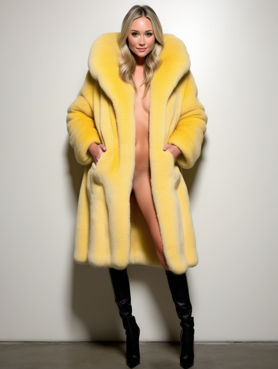 Katrina Bowden naked wearing a gigantic super fine thick soft yellow oversized fur coat with massive fine fur collar, full body shot, black high heels, hands in pockets