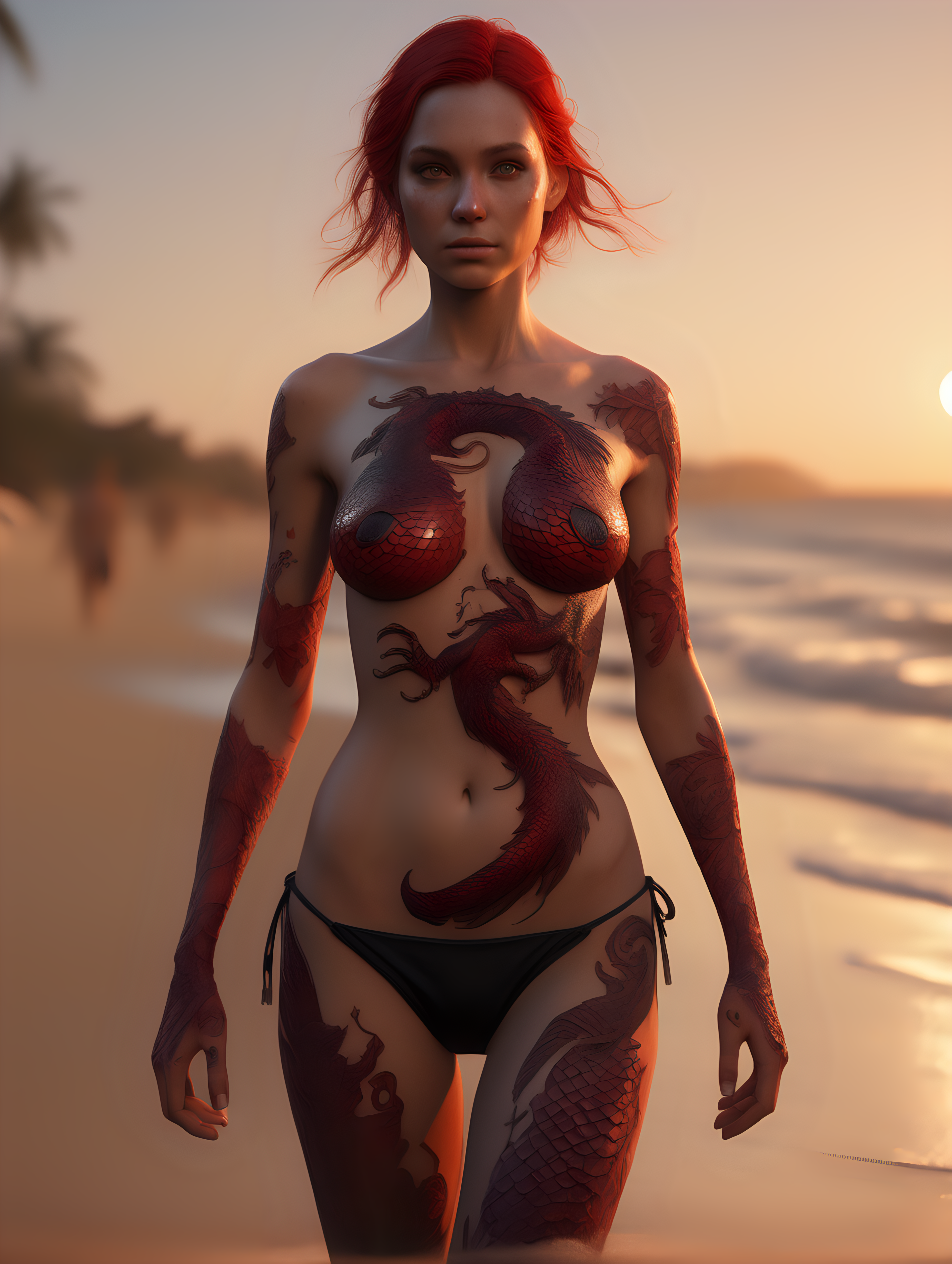 ultra-realistic high resolution and highly detailed photo of a female human, with red scales growing on her body, she has black draconic symbols carved into her arms and body, in the sunset walking on a beach facing the camera
