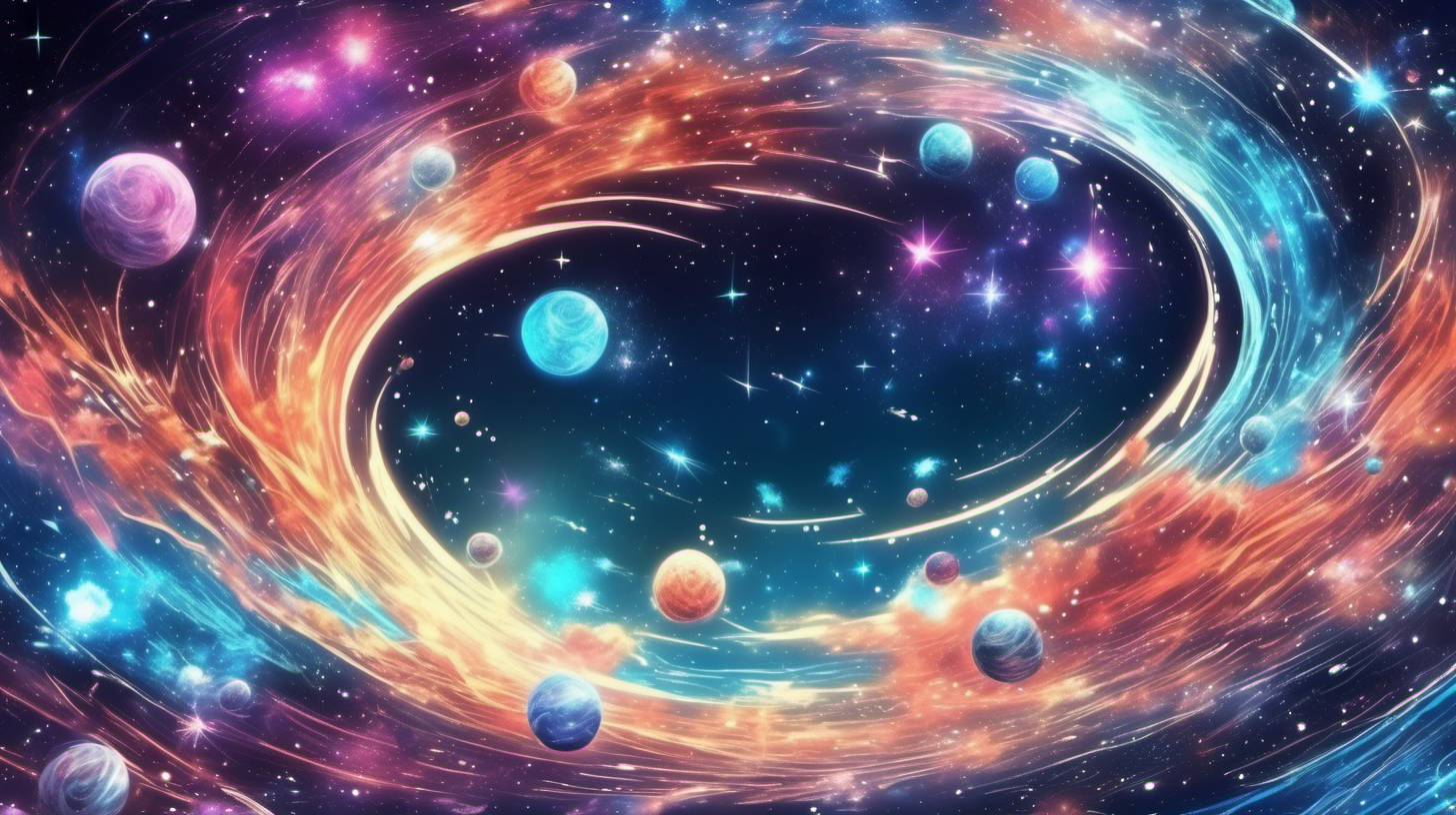 in manga anime style a universe full of bright and shiny stars with swirls of intergalactic dust that is all different colors, similar to NASA photos