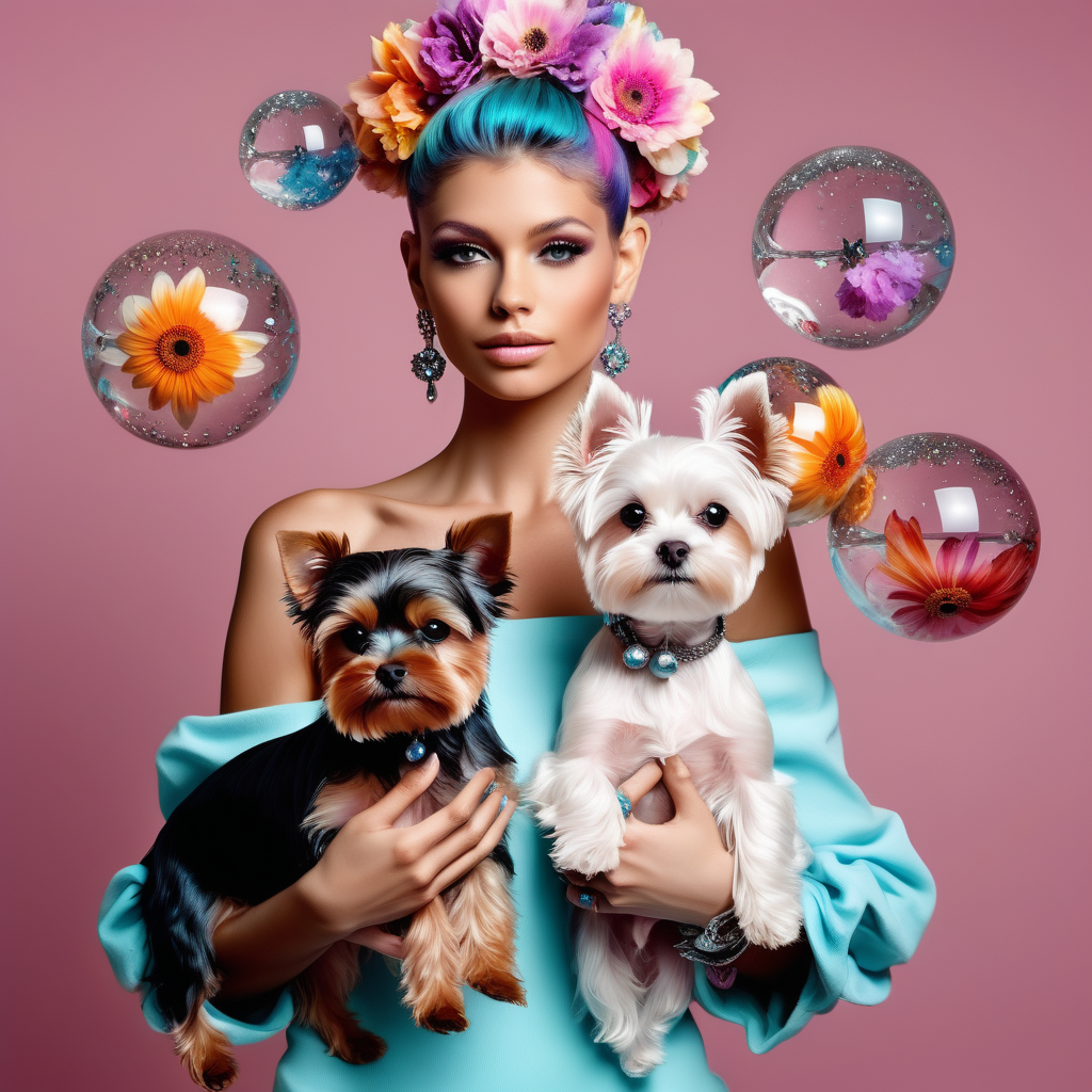 abstract floating elegant crystal orbs , fashion 
model 
holding YORKIE TERRIER and Maltese dogs,   ,Model with soft colorful only (exotic flowers) the colors leak into her hair. add 10 crystal balls floating in the air add tattoos on her arms and shoulder