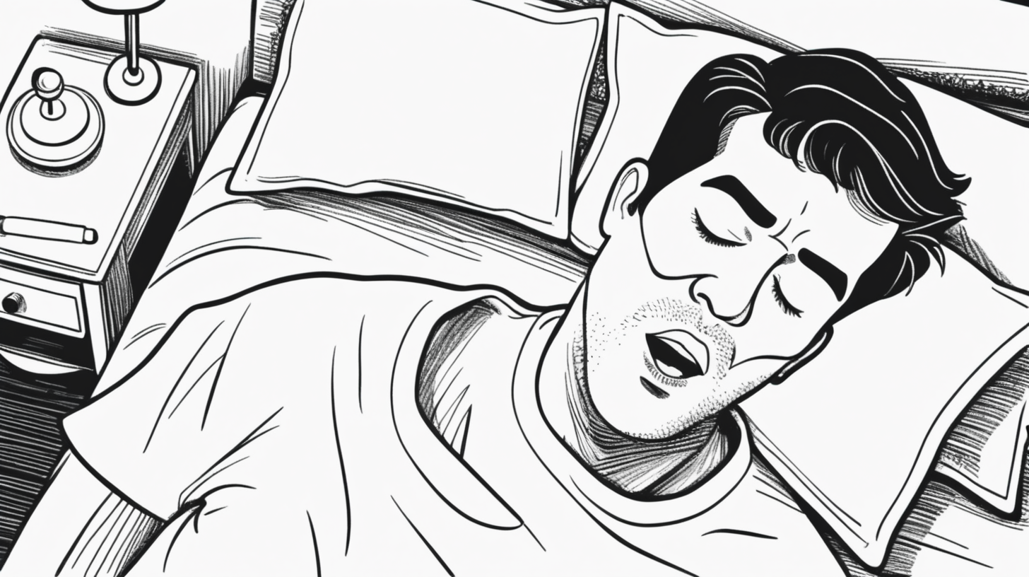 A simple black and white  illustration of man snoring on bed top view. close up