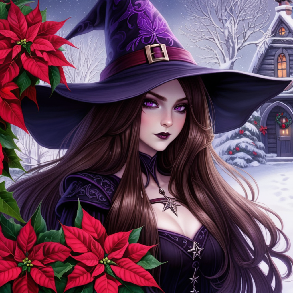 Long hair, brown hair, purple eyes, witch hat, poinsettias, Christmas, Yuletide, Yule, snow, dark, fantasy, goth