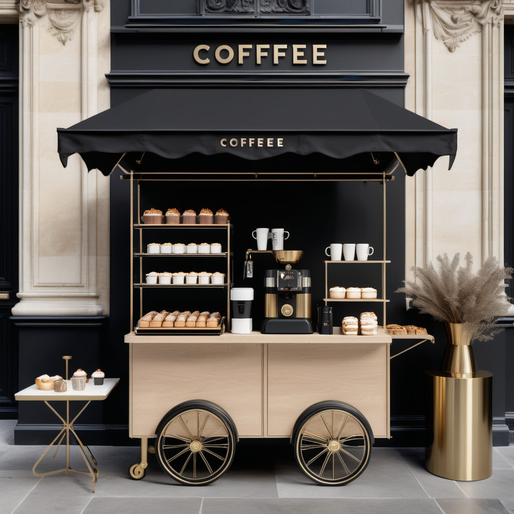 A hyperrealistic image of a grand, large,  Modern Parisian pop-up coffee cart in a beige oak brass and black colour palette with gourmet coffee and pastries