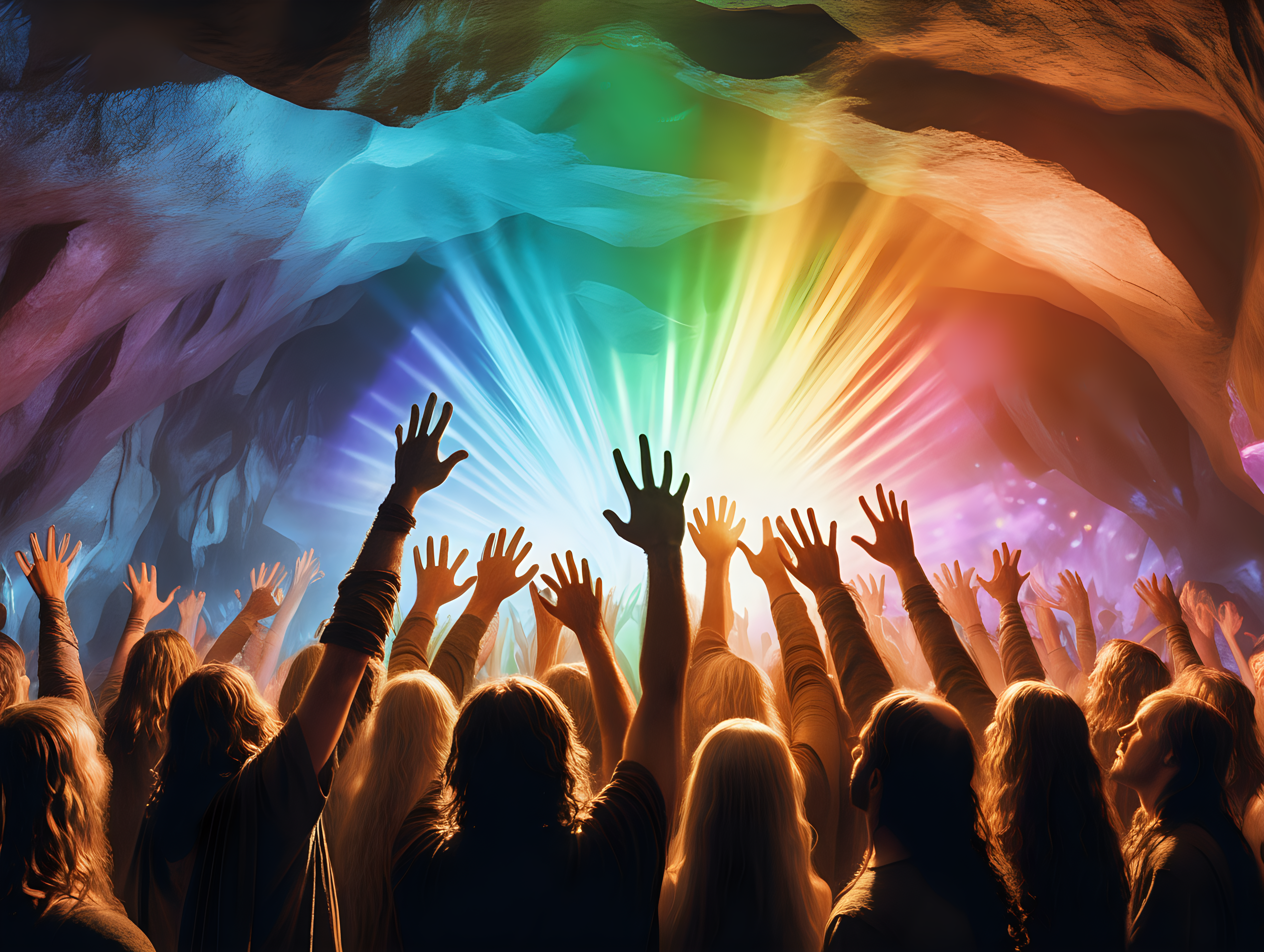 rave in a cave in the lord of the rings universe prism spectrum light with people having hands in the air