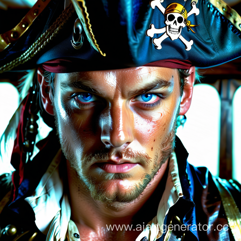 a handsome man in a pirate captain costume, beautiful blue eyes, working with a geographical map in the cabin, emotions, dynamics, beauty, gloss, best quality, high resolution, 32k, pupil symmetry, eye symmetry, beautiful eyes,,