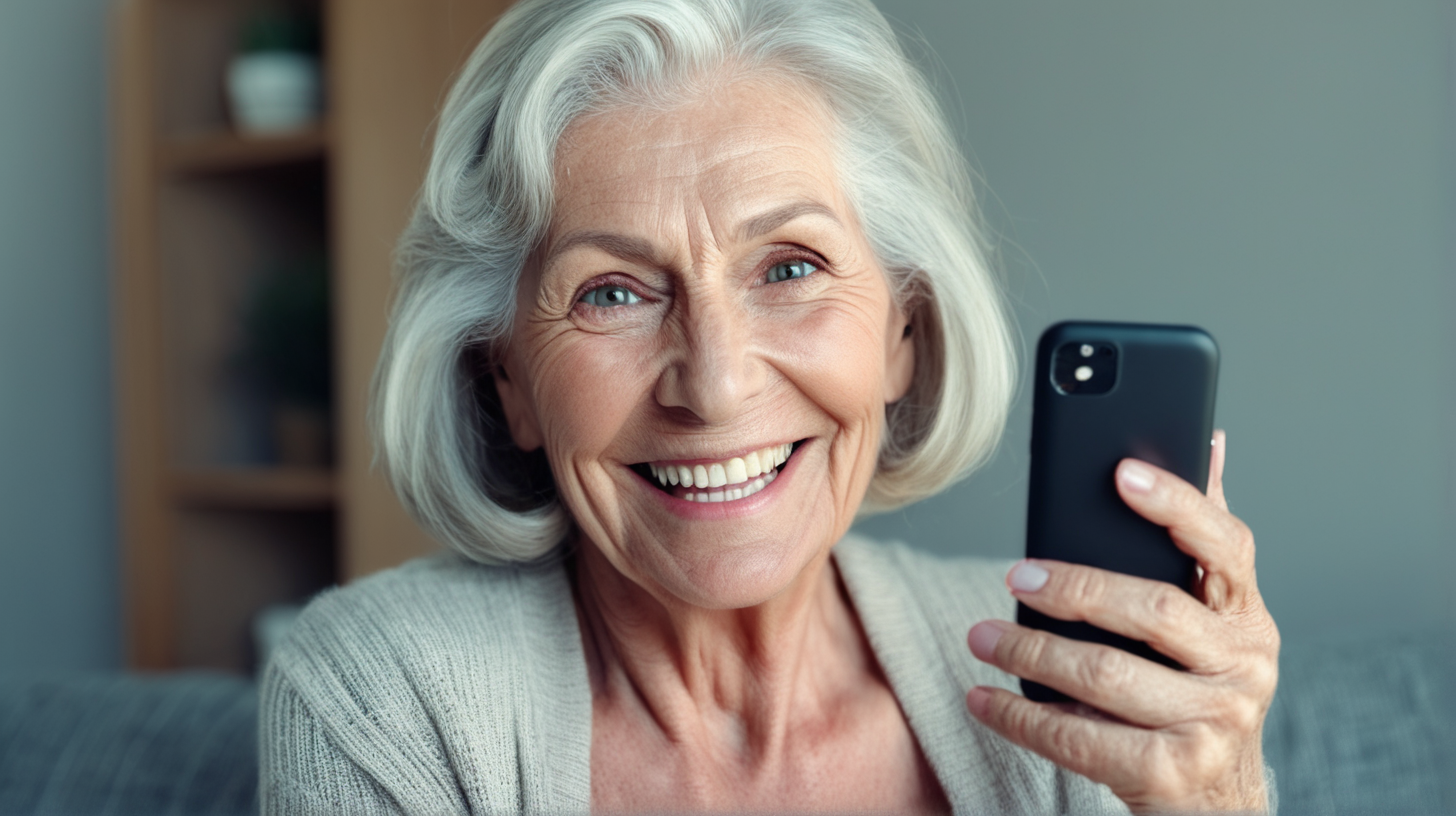 image of a beautiful older woman happy showing her phone. close up
