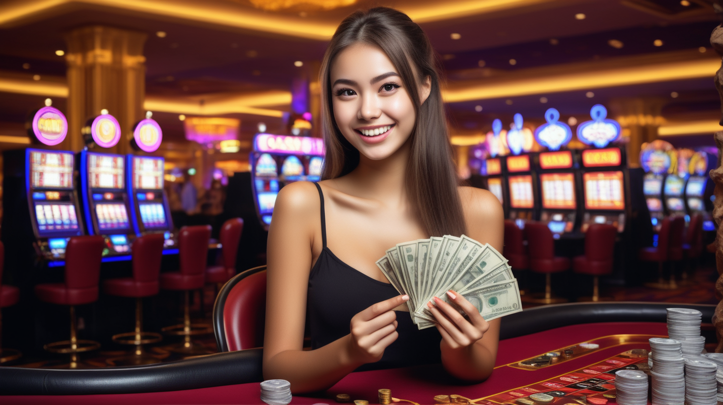 A USA girl with WAO expression, looking happy holding cash on her hand in casino club