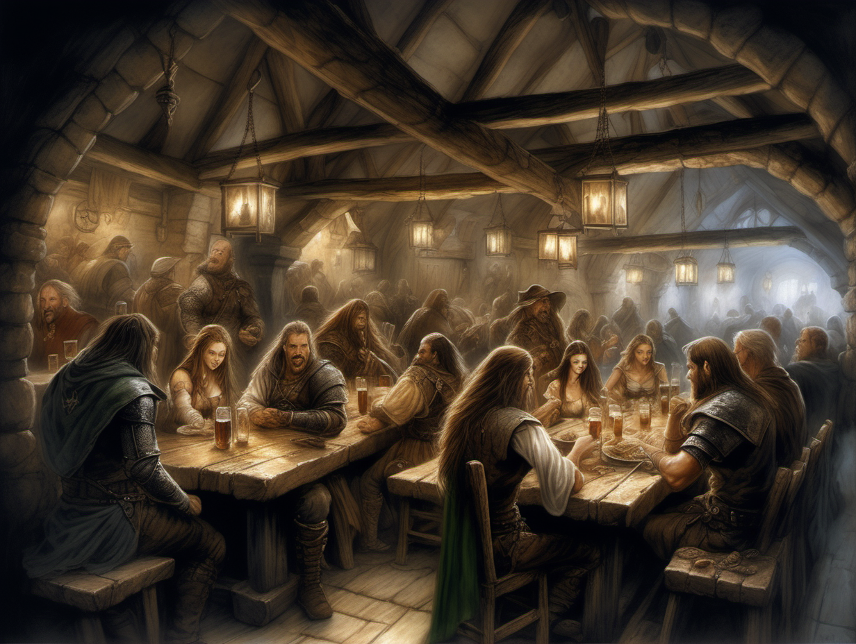 genera una ilustración estilo Luis Royo del interior de una taberna irlandesa medieval llena de gente comiendo bebiendo y cantando, luz etérea

