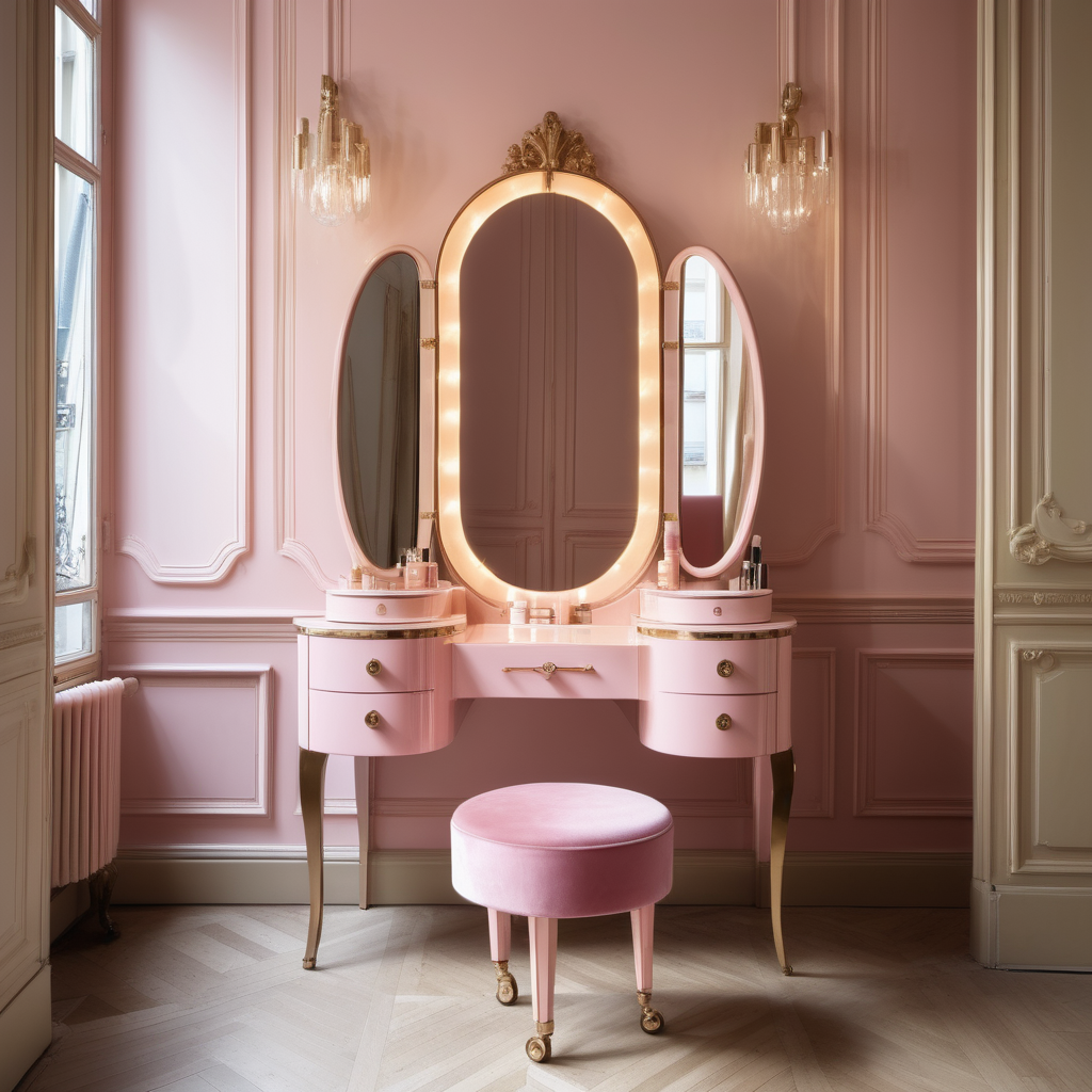 a hyperrealistic image of a modern Parisian  vanity table  in dusty rose, beige and brass 
