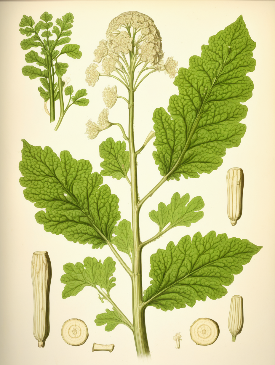 Botanical Illustration of  the plant horseradish, Armoracia rusticana.
