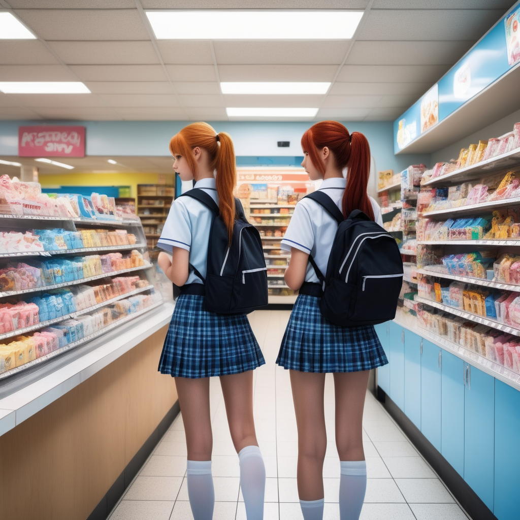 The same teenage girl walks to a convenience store with three other female friends. One girl has her red hair in a ponytail. Another has long brown hair. And the other two have long blonde hair. School uniforms and backpacks. The uniform is a short blue plaid skirt and a black jacket. all of them have white sneakers. We can't see their faces. They're buying cupcake mix and candy. The convenience store is small. The skinny, kind woman stands behind the counter. She was wearing a light blue uniform. 