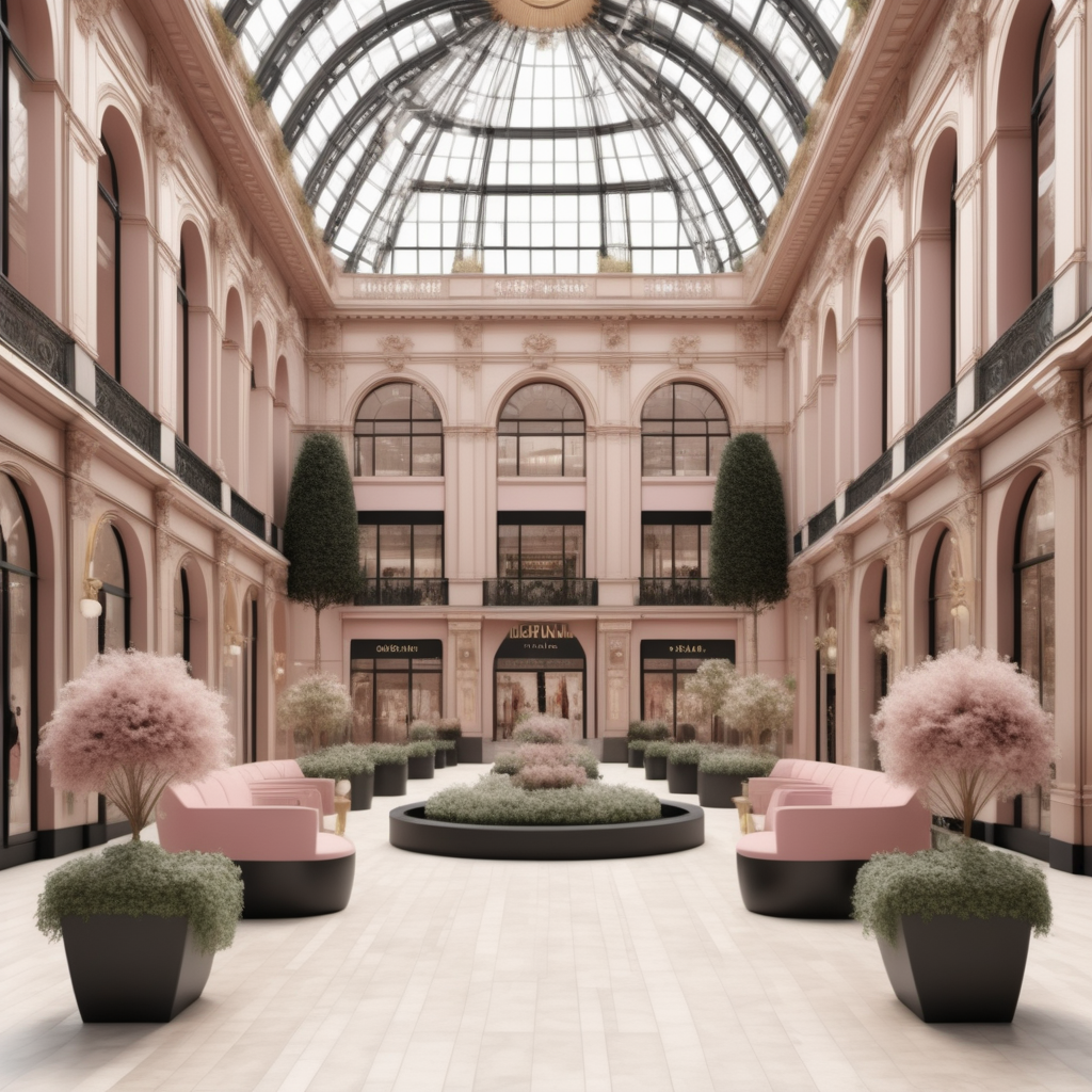 A hyperrealistic image of a palatial modern Parisian mall in a beige, oak, brass, black and dusty rose colour palette with beautiful gardens
