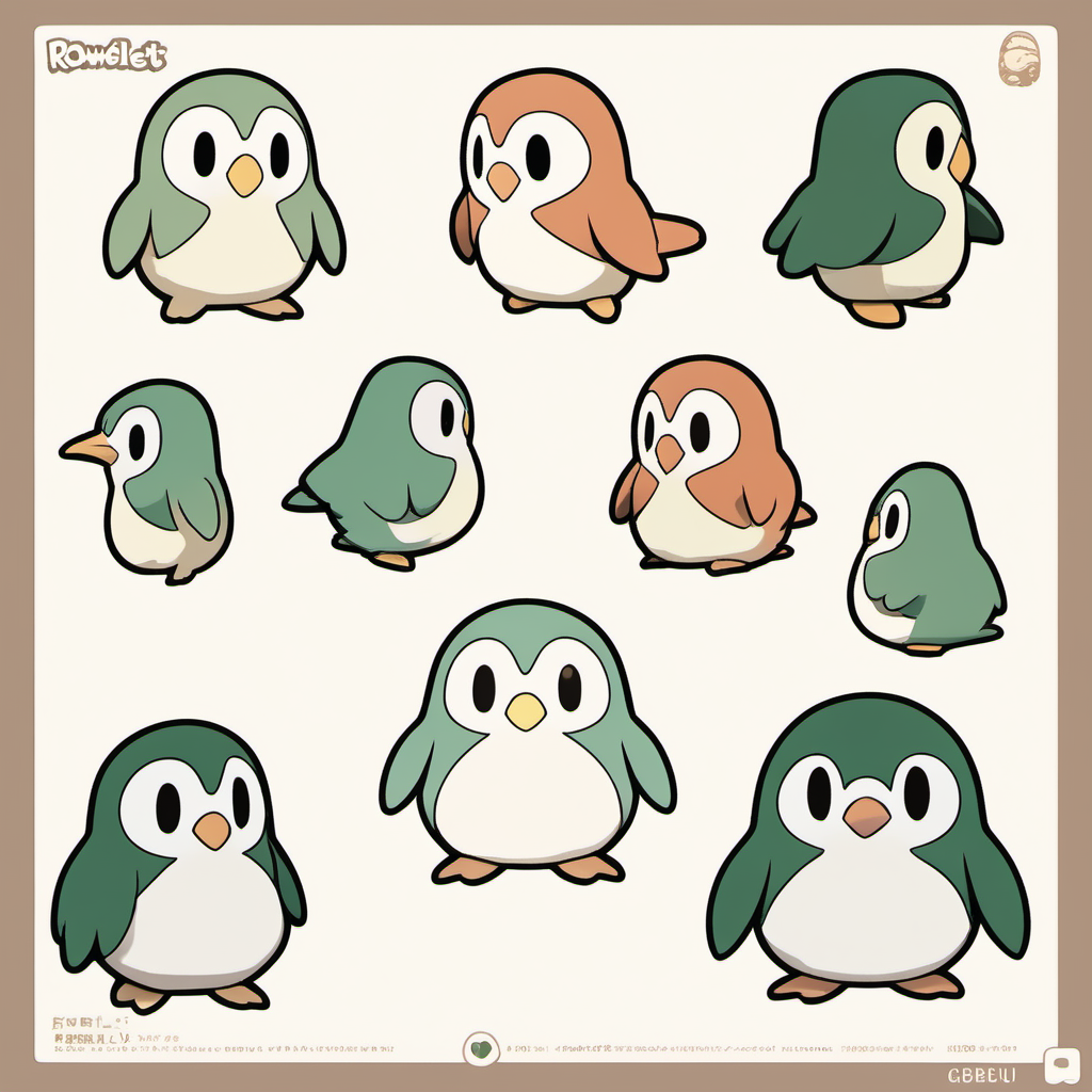 Rowlet, parrot, jingai san no yome ghibli style, character sheet, pokemon style, Japanese style, cute, penguin, simple, baby
