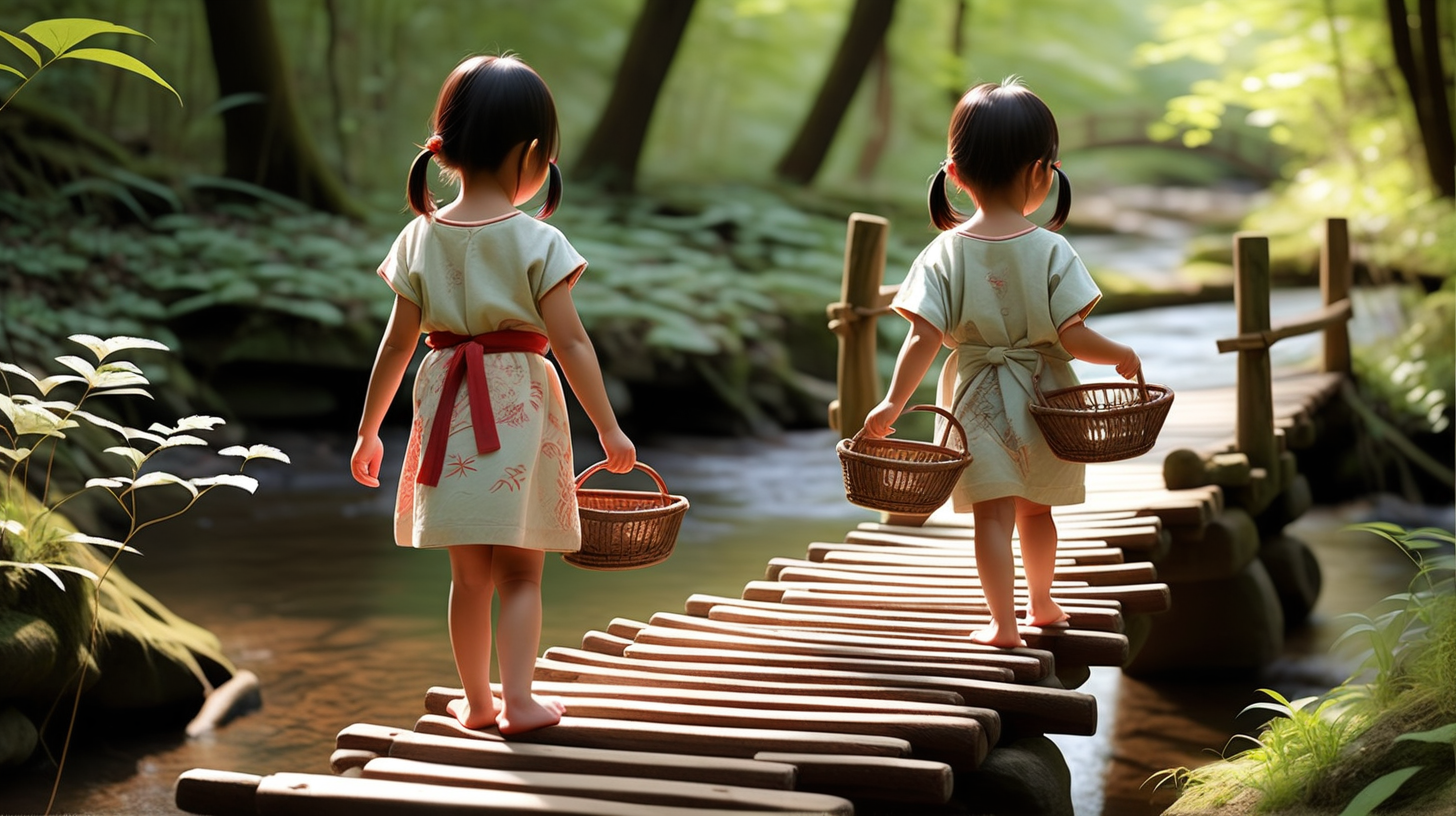 Через эту речку перекинут оригинальный старинный деревянный мост с узорами,  и  те  две ,  их  только двое,  4  и  6  лет   маленькие девочки-азиатки идут  по этому мосту  в  лес,  они в руках несут маленькие еще пустые  корзинки,
они  весело  болтают  и смеются