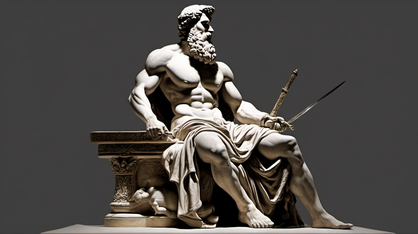 ﻿
Image of a full-body statue depicting a muscular, bearded man sitting near sword. The statue should be in the style of ancient Greek art, characteristic of Stoicism. It should feature clothing elegantly draped over one shoulder. The background should be dark, highlighting the statue as the central element. The statue must demonstrate exceptional
craftsmanship, with intricate details visible in the facial features and attire. The image should have a dramatic feel, achieved through the interplay of light and shadow. The perspective should be a wide shot.