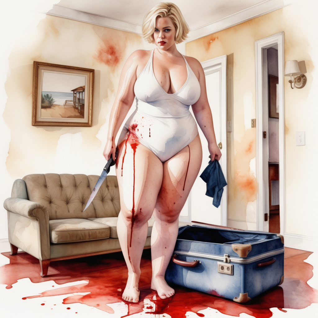 sexy big curvy blonde woman, short hair, wide hips and big ass, wearing a white swimsuit, with a knife in her blood-stained hand, stepping on top of a large suitcase on the floor of a living room in a house, image based in watercolor paint.