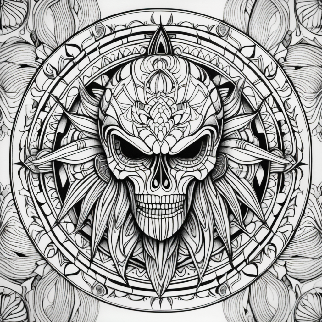 adult coloring page, black & white, strong lines, high details, symmetrical mandala, faceless horror