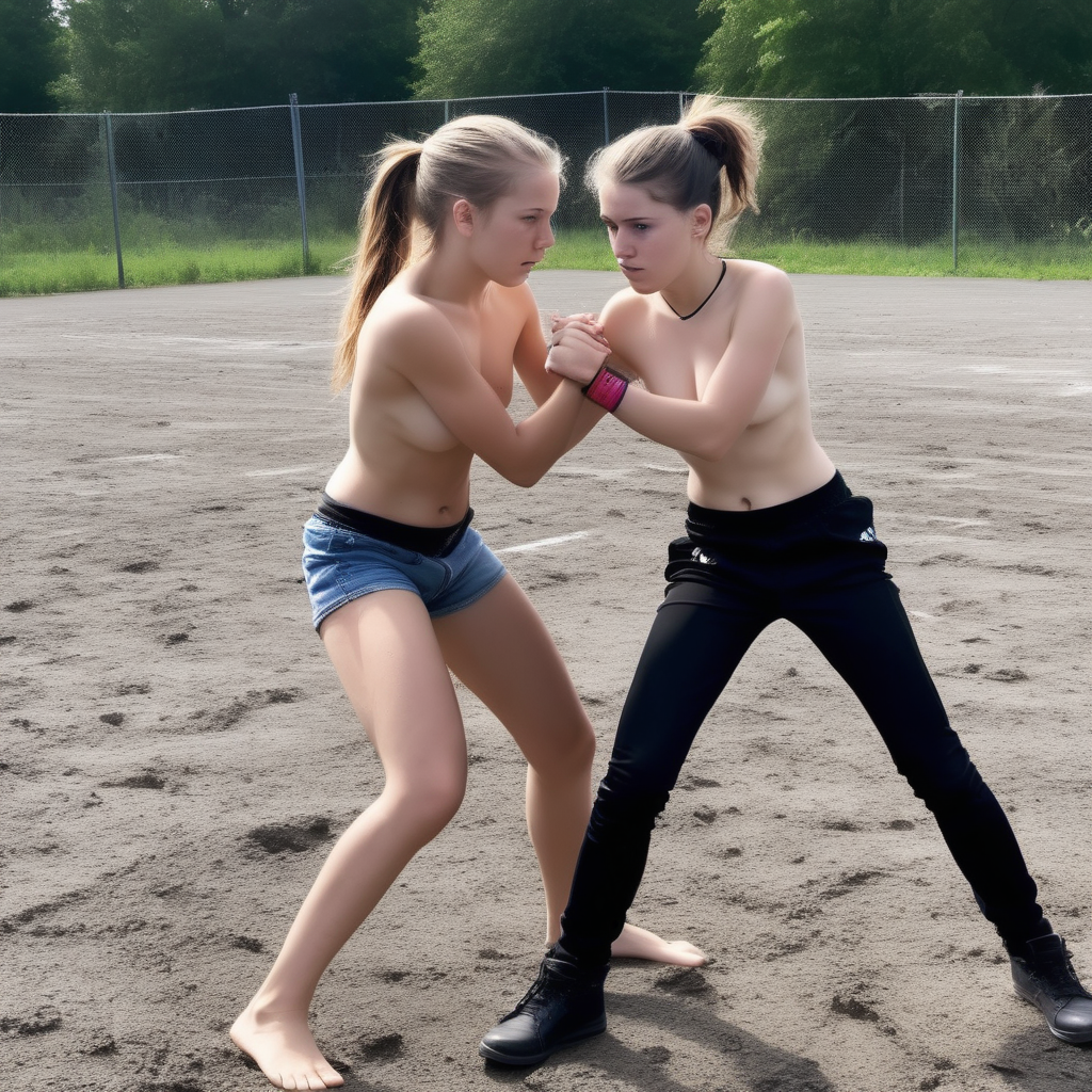 16 year old girls ground fighting topless 