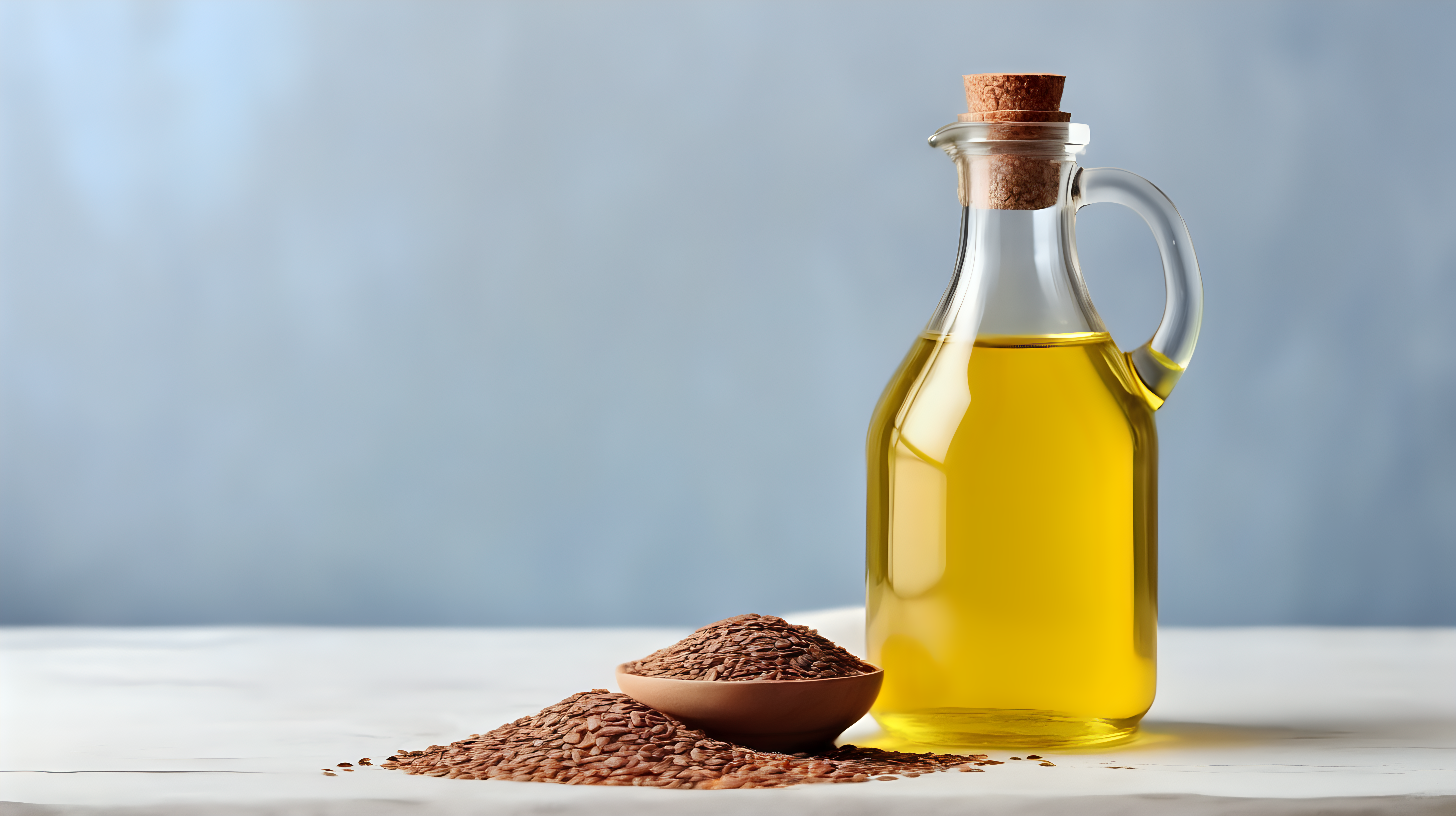 Flax seed oil in a glass jug on a table, copy space