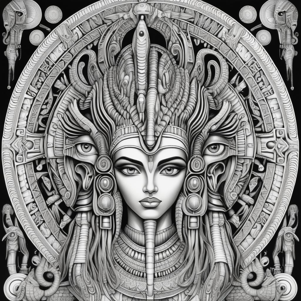 black & white, coloring page, high details, symmetrical mandala, strong lines, Egyptian female god with many eyes in style of H.R Giger