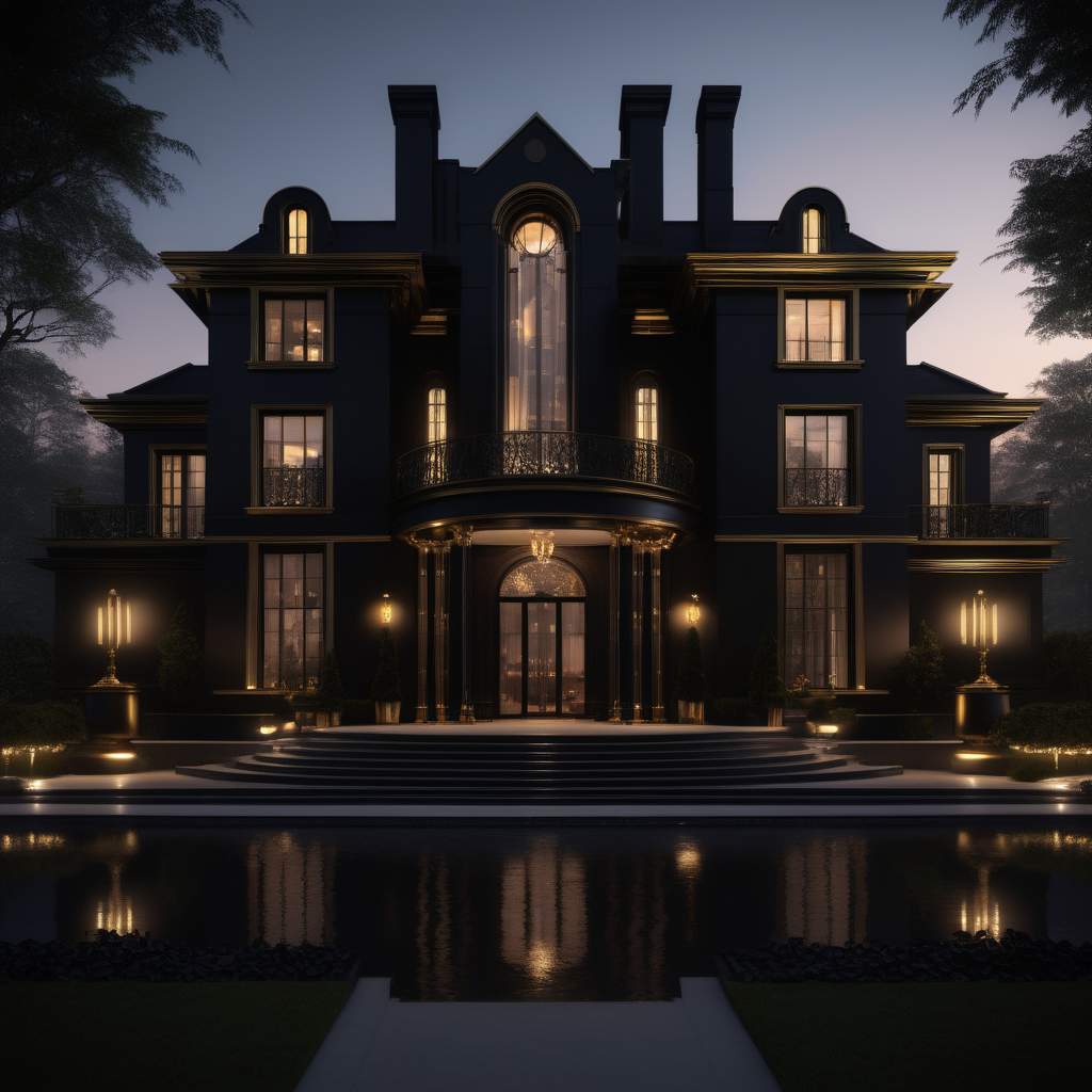 hyperrealistic of a modern Bruce Wayne inspired mansion at dusk; mood lighting; Black and brass
