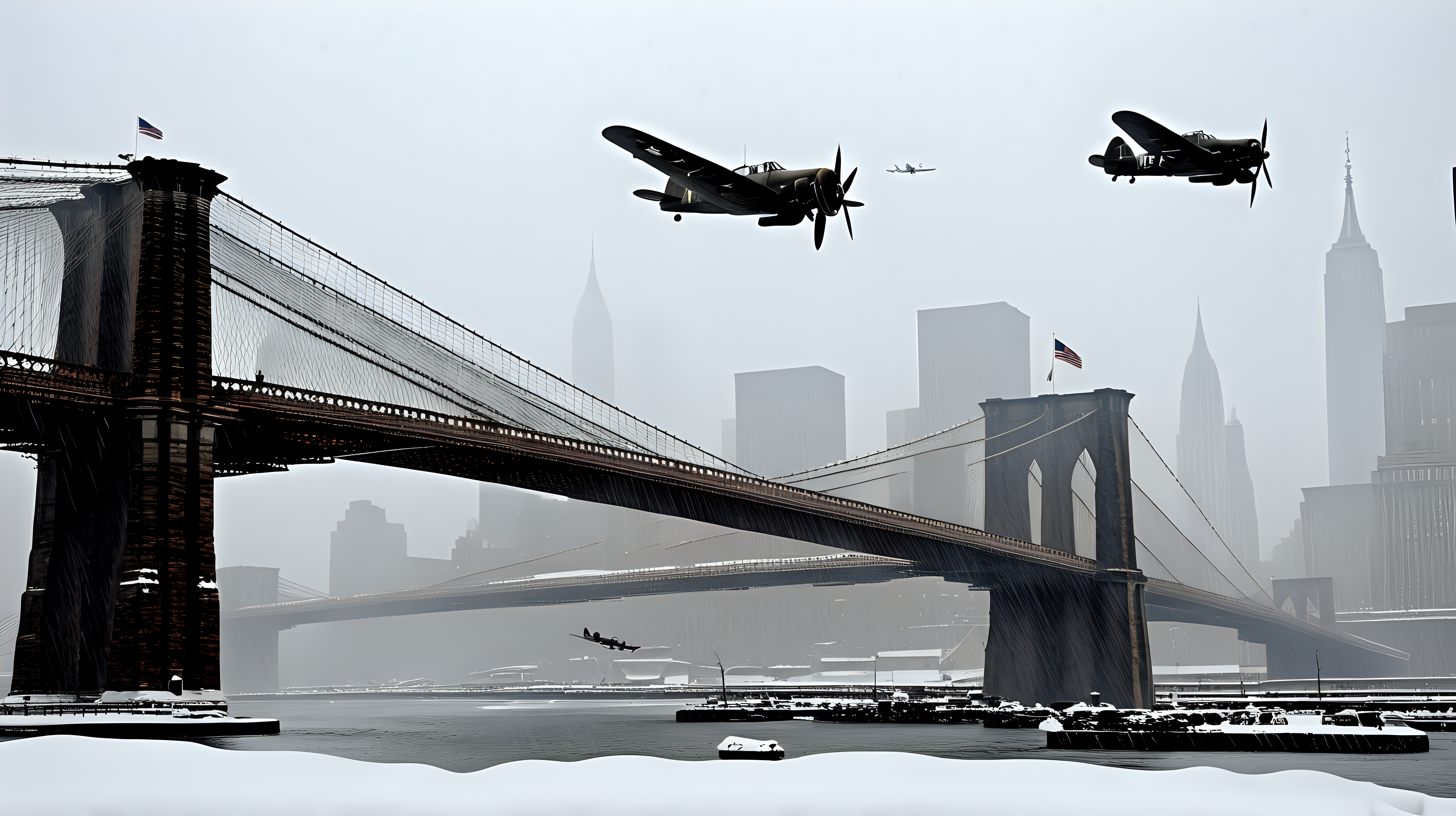 WW2 planes flying over Brooklyn bridge shrouded in snow storm