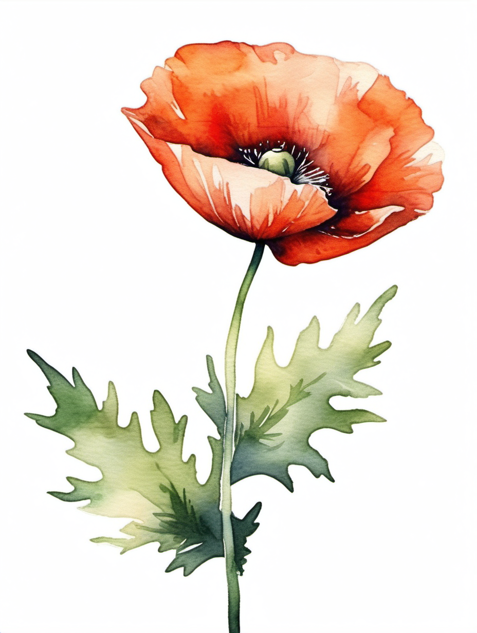 simple single poppy, watercolor style, with a white background