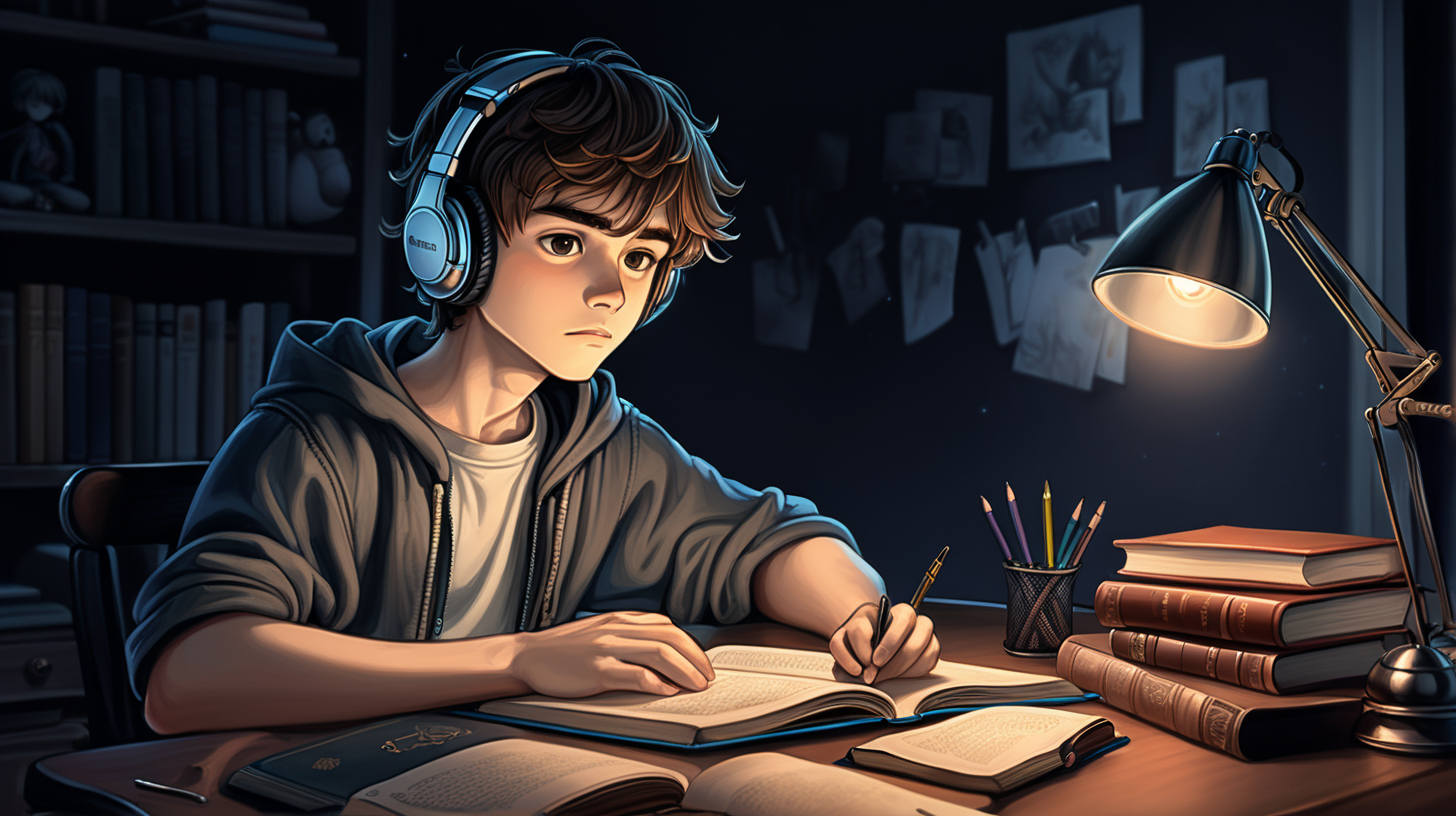 Late one night, handsome young boy, sitting alone at the study table, using a headset, modern clothes, dark room, (sadness), fairy tale book drawing style, simple full color, high quality, lively eyes, dark, gloomy, dark color, in room, natural eyes,