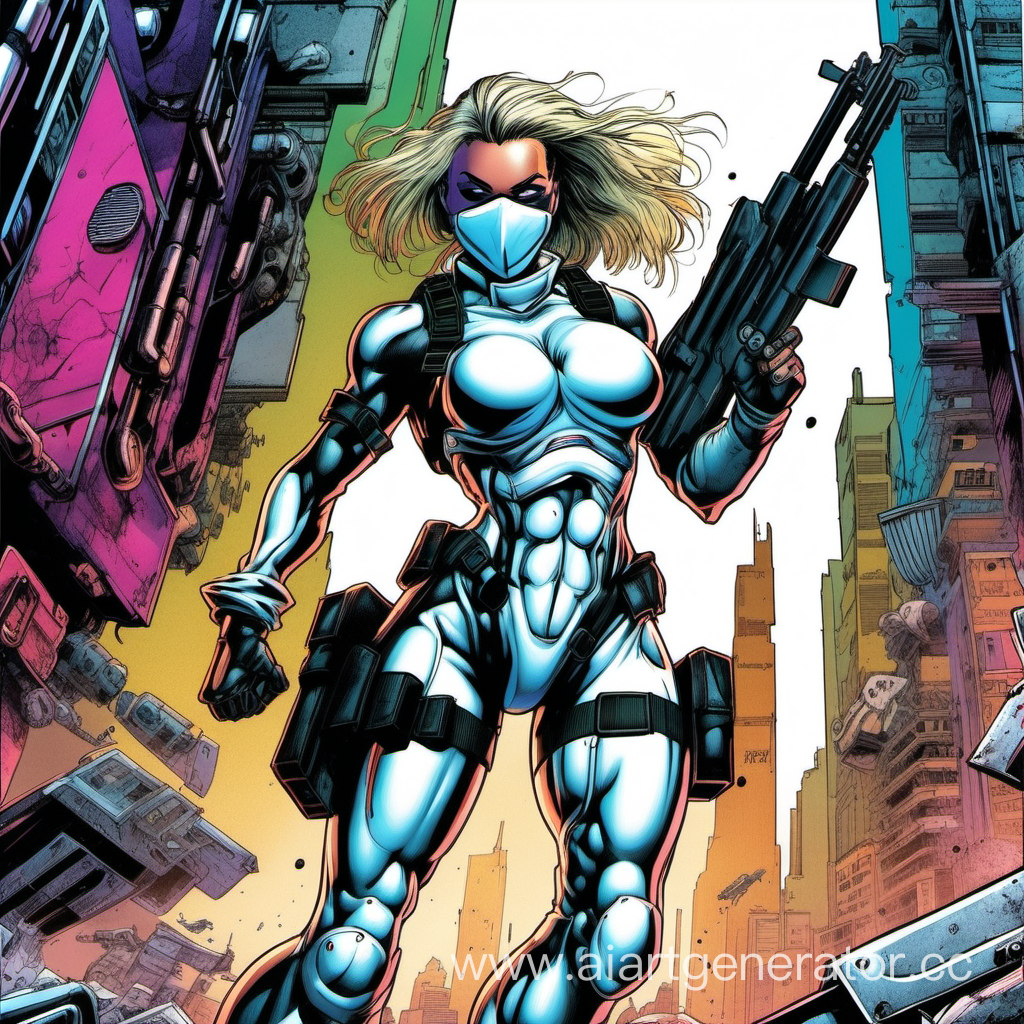 90s comics art, attack move, full height figure, cyberpunk, female soldier, heavy white armor, face mask, combat shotgun, sexy thighs, crazy smile, aggressive, colored