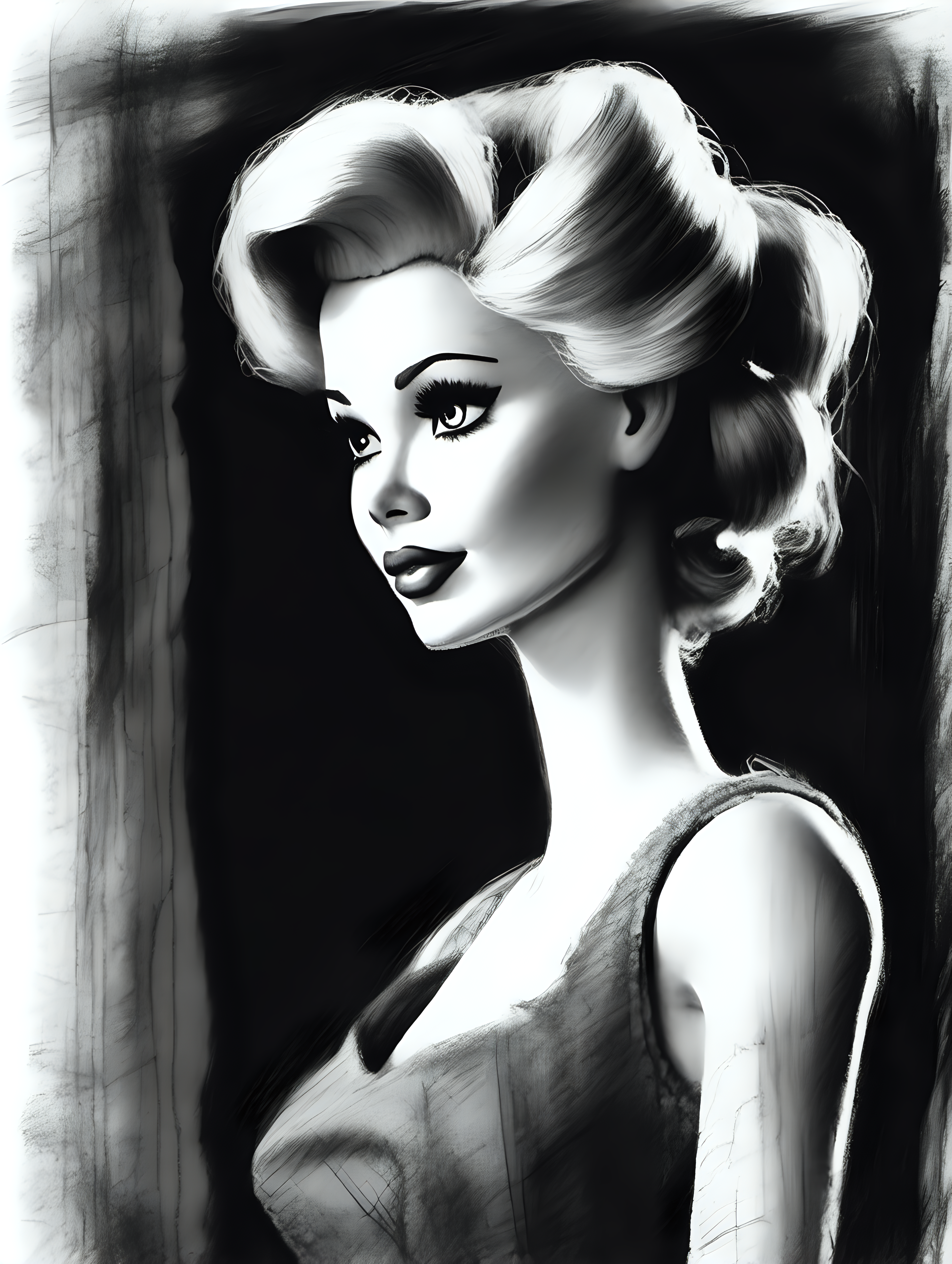 ROUGH MESSY ARTISTIC SKETCH OF A CLASSIC BARBIE DOLL. FILM NOIR SILOUETTE STYLE. HAND-SKETCHED. CHARCOAL, GRAPHITE AND LEAD PENCIL. 