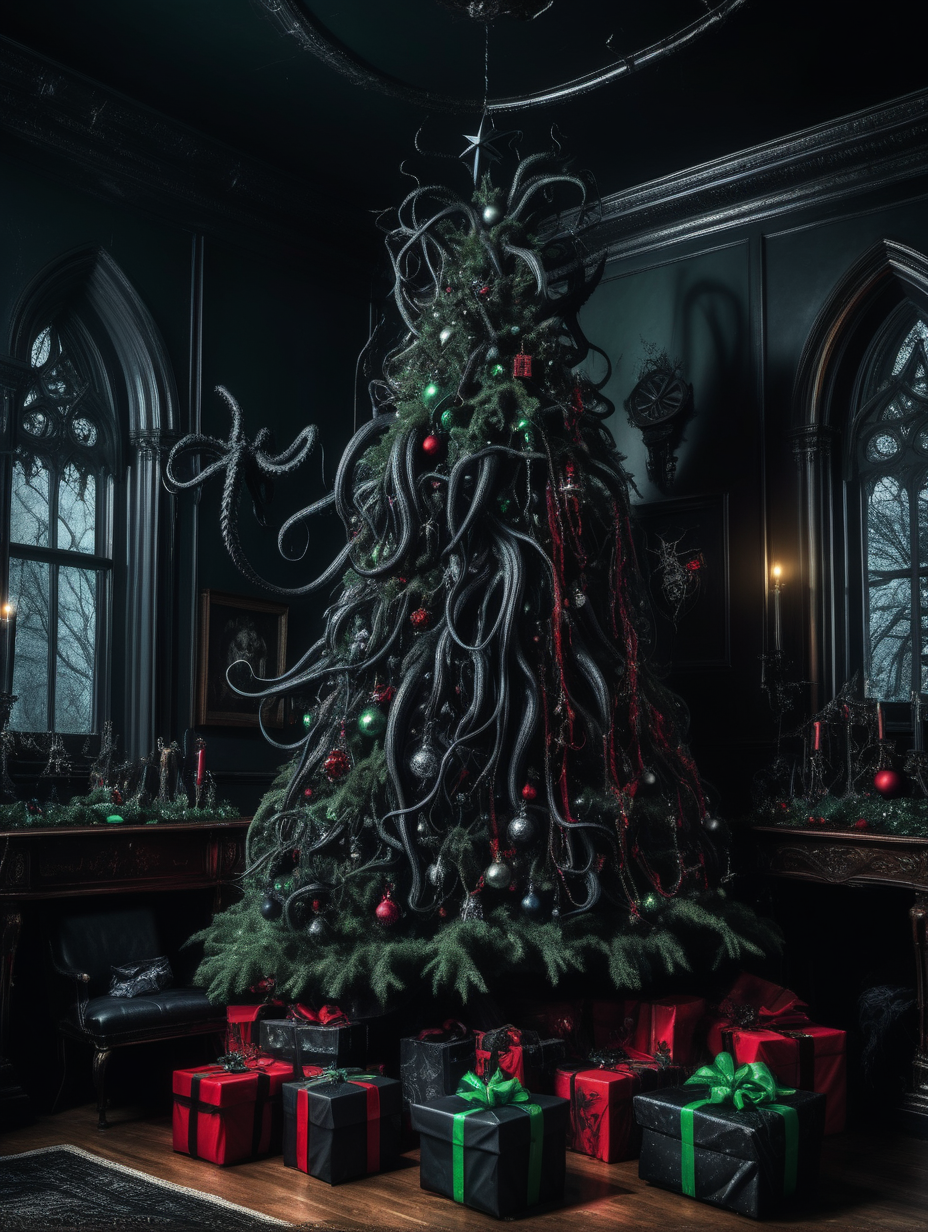 A dark gothic Christmas tree in a dark gothic room. Tree is decorated by sinister eldritch decorations and has the green tentacles of Cthulhu coming through the branches in a menacing way.  The whole feel of the picture should be eldritch and gothic, dark tones and sinister.  There are various presents under the tree, these are also decorated in eldritch gothic style. should be in high definition and super detailed