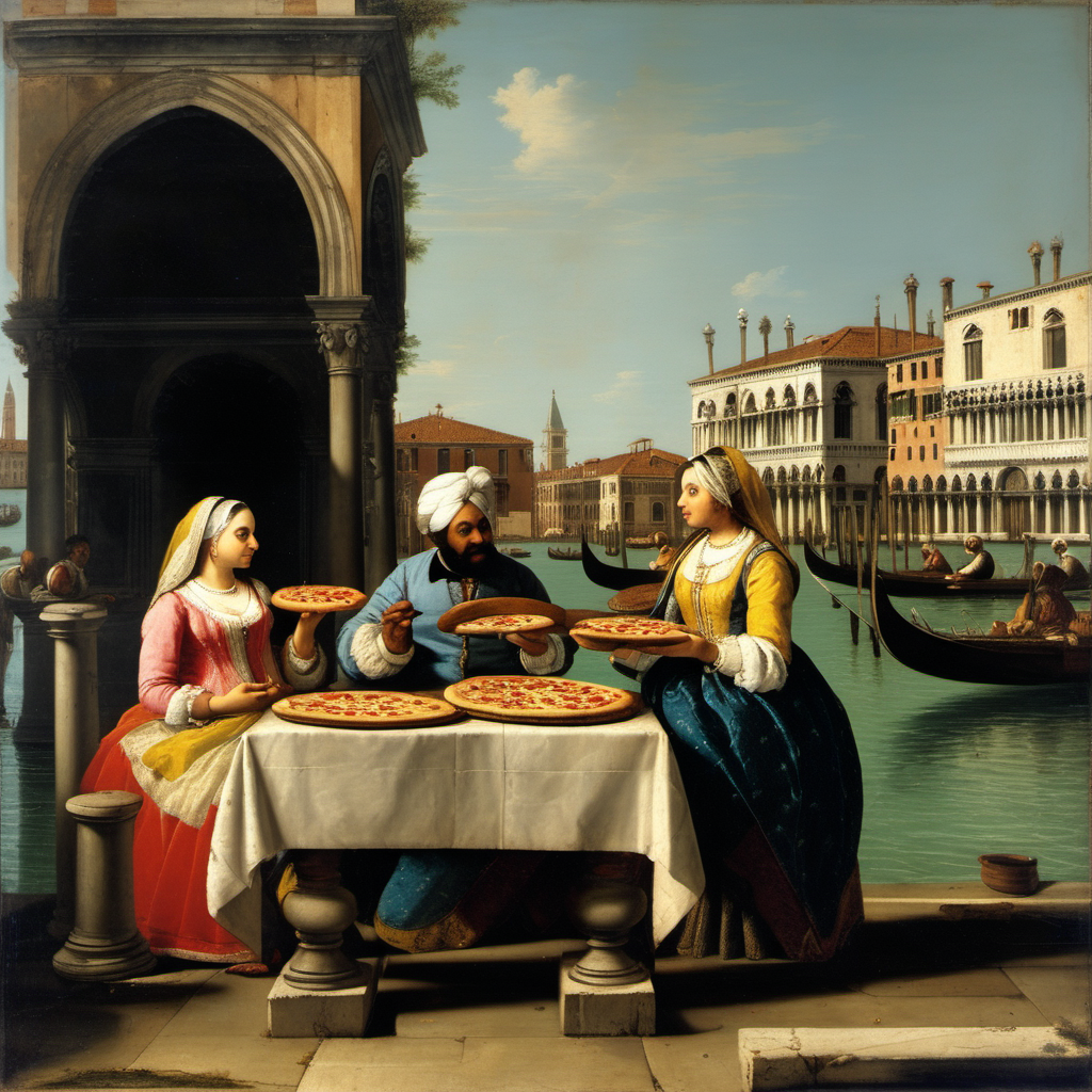 Indian parents and their two daughters eating pizza in Venice, Giovanni Antonio Canal (Canaletto) oil painting