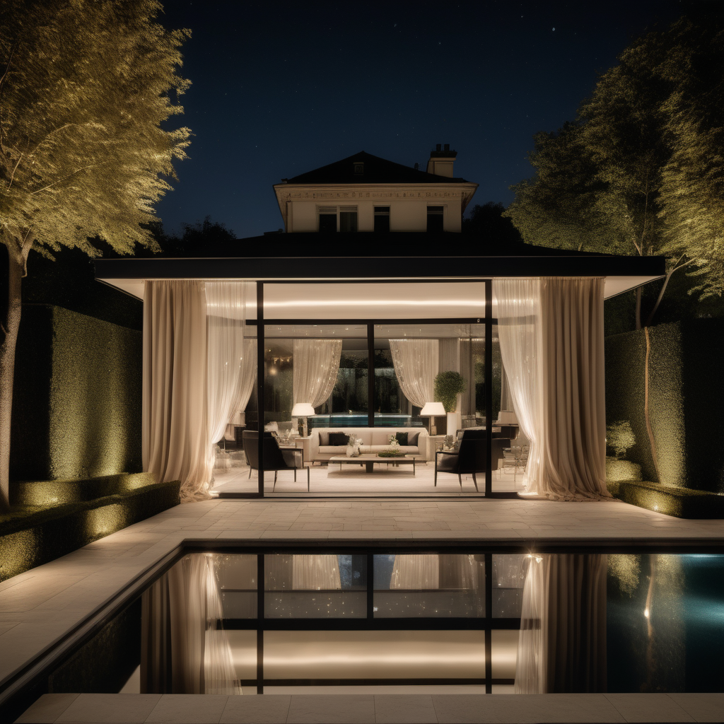 hyperrealistic modern Parisian Cabana with sheer curtains at night; mood lighting;  Limestone pavers;  overlooking the sparklin pool; beige, oak, brass and black colour palette; sprawling lawns --no neighbour houses

