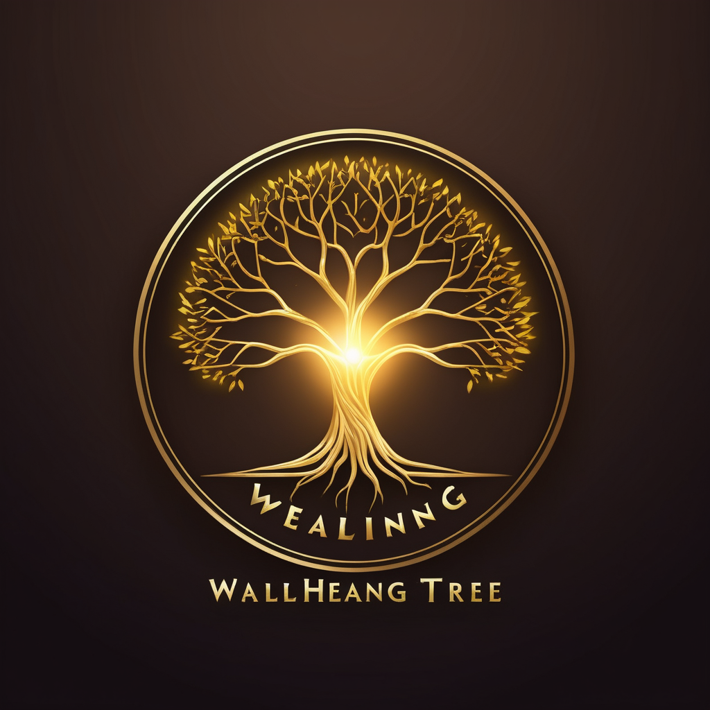 make a elegant  logo for Wallan Healing Tree with glowing golden light






