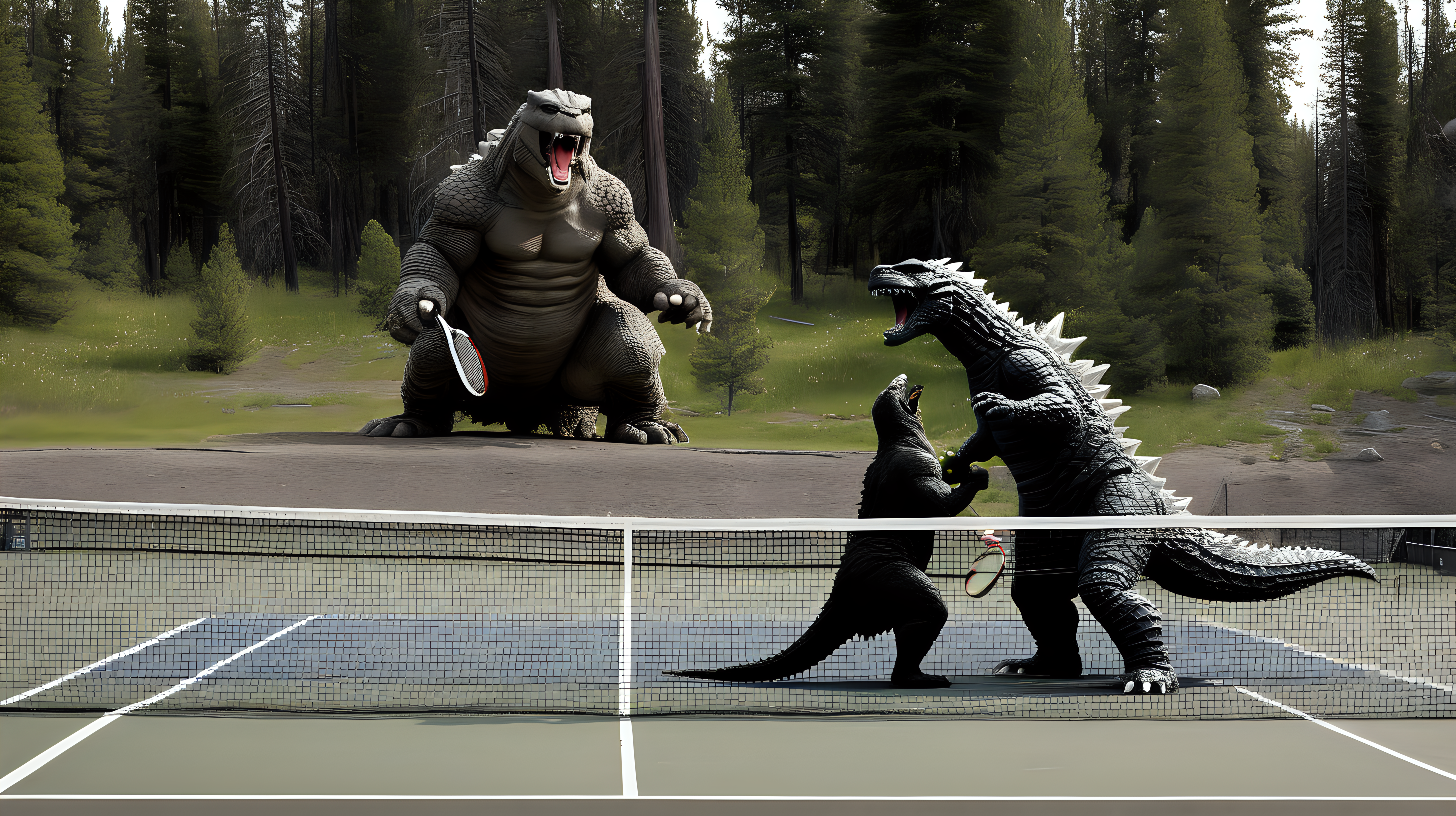 Thor and Godzilla playing tennis in Yellowstone National Park