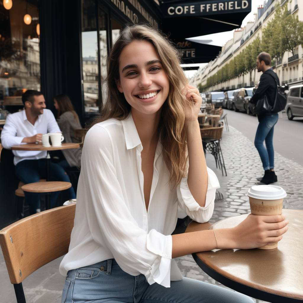 A smiling Emily Feld dressed in a long, white blouse and jeans sitting at a table outside a cafe in Paris having coffee