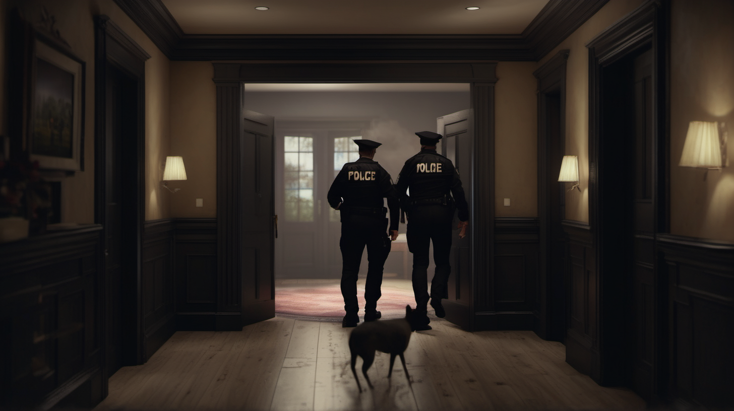 /imagine prompt: realistic, personality: [Transition to a recreation of the police entering Paul's house. The camera captures their authoritative presence as they navigate through the rooms. The lighting is moody, enhancing the suspenseful atmosphere] unreal engine, hyper real --q 2 --v 5.2 --ar 16:9