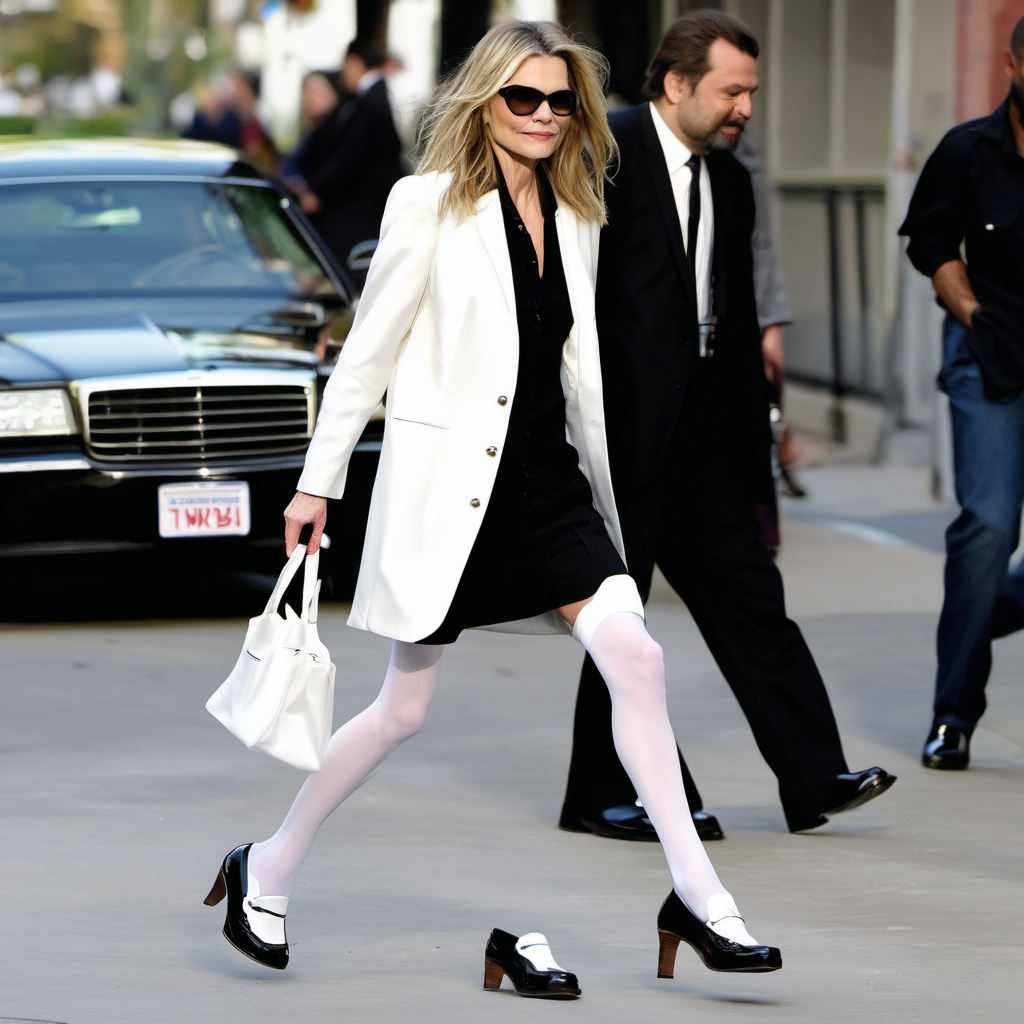 MIchelle Pfeifferi in white holdup stockngs patent heeled loafers