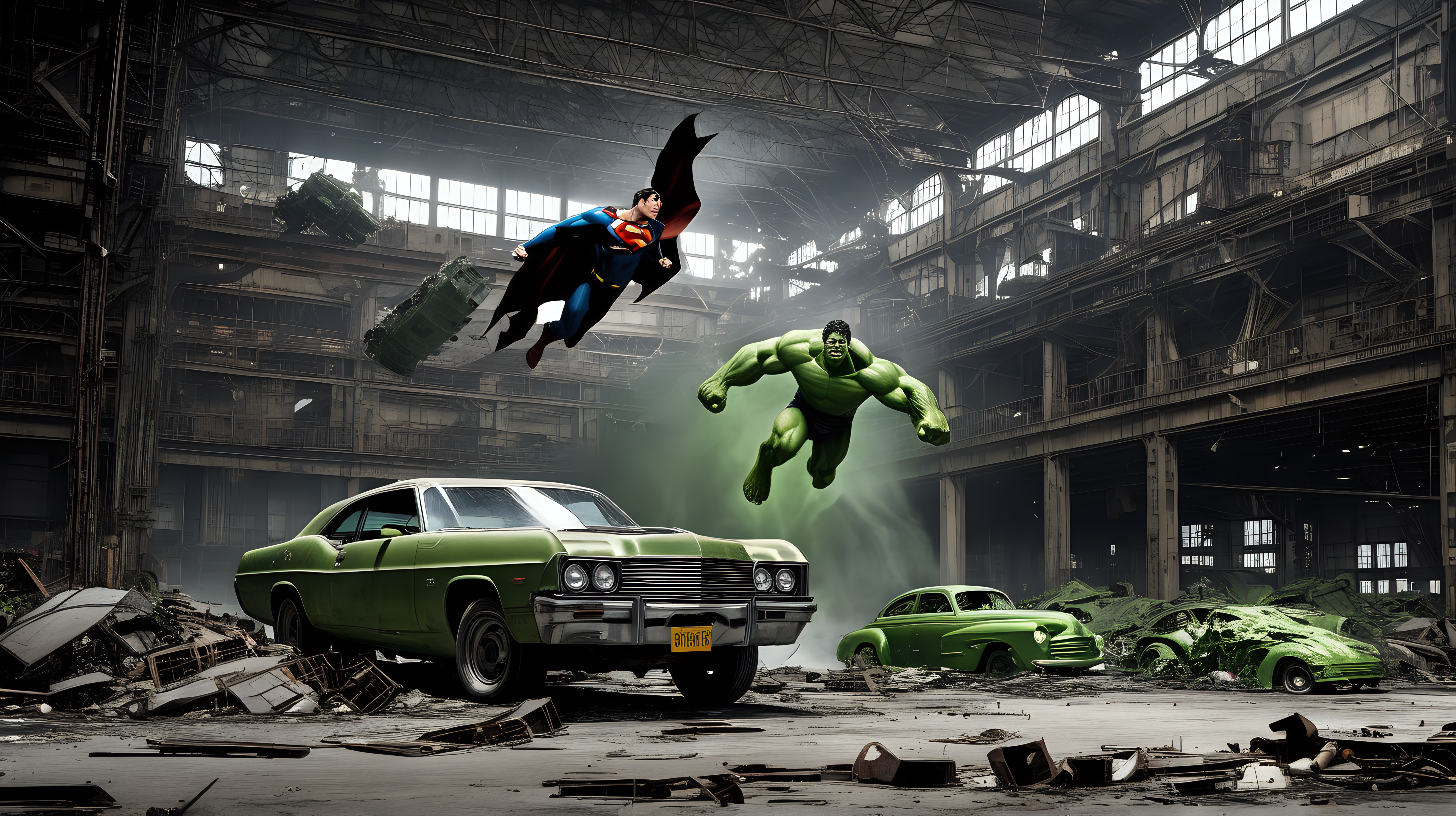 Superman fights the hulk in an abandon car factory with bats flying overhead