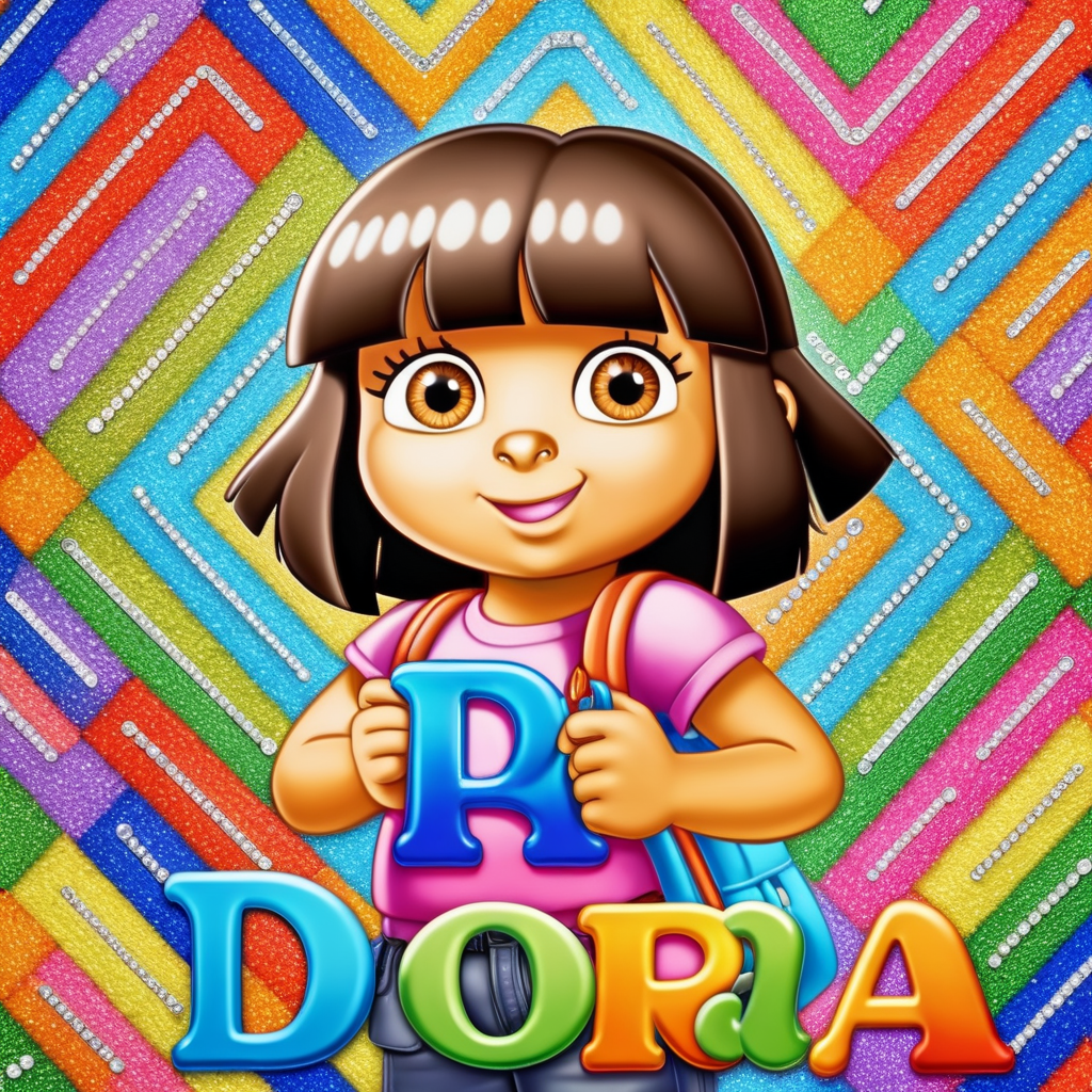 the exact spelling of the name DORA in colorful diamond letters  