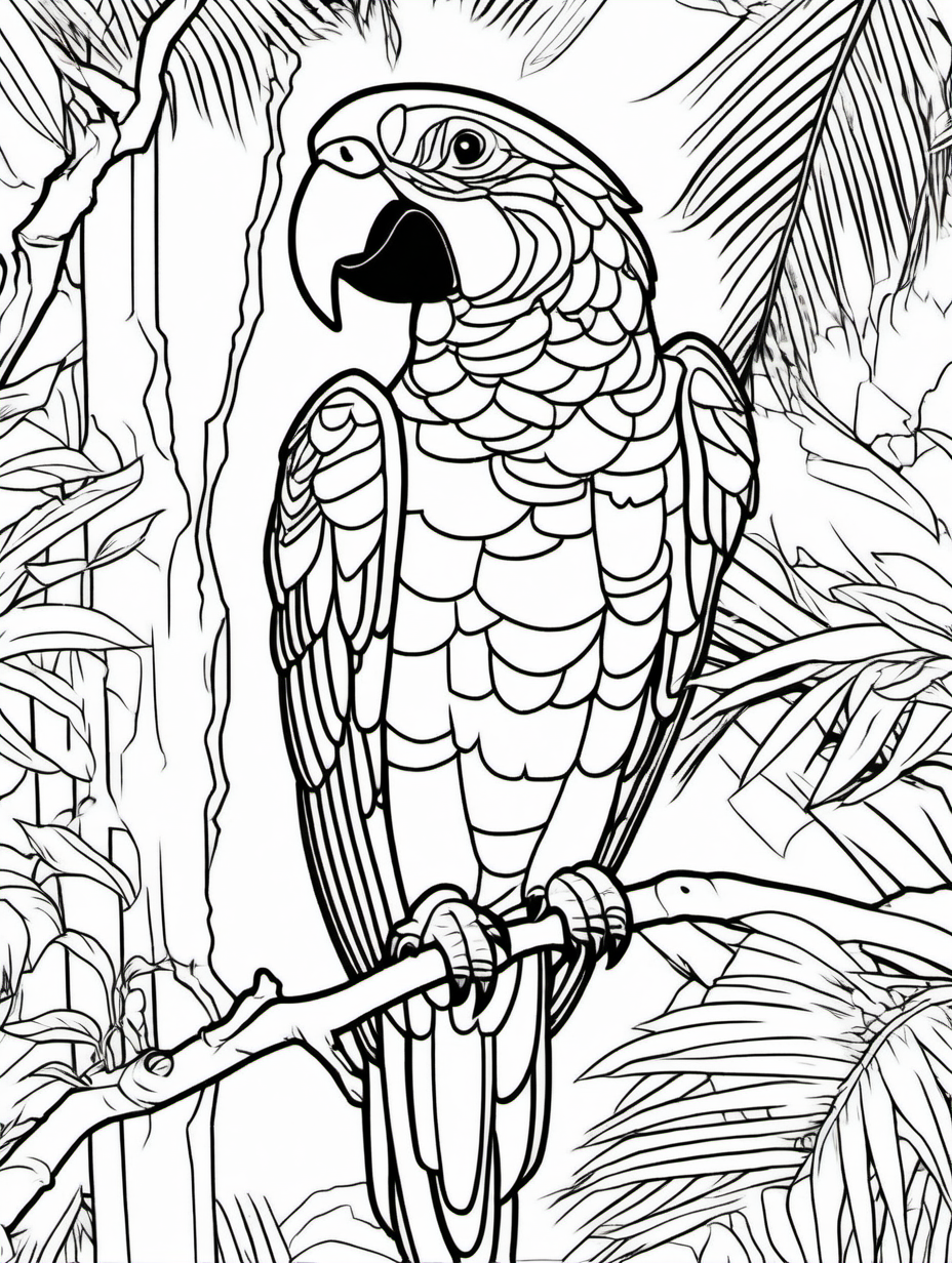 ara parrot in a jungle tree, coloring page, low details, no colors, no shadows