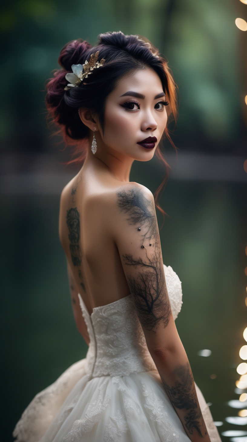 Beautiful Vietnamese woman, body tattoos, dark eye shadow, dark lipstick, hair in a messy updo, wearing a gorgeous wedding dress, bokeh background, soft light on face, swiming waist deep in a lake in front of elaborate candlelit forest wedding, photorealistic, very high detail,  extra wide photo