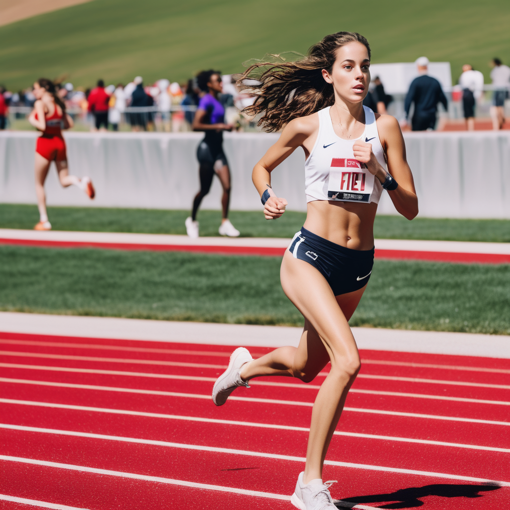 Using the same background in each frame, Emily Feld running in athletic gear at the track in a race
