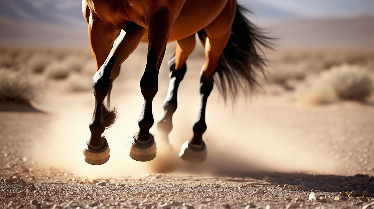 Close up of Horse hoofs running on hard desert ground

