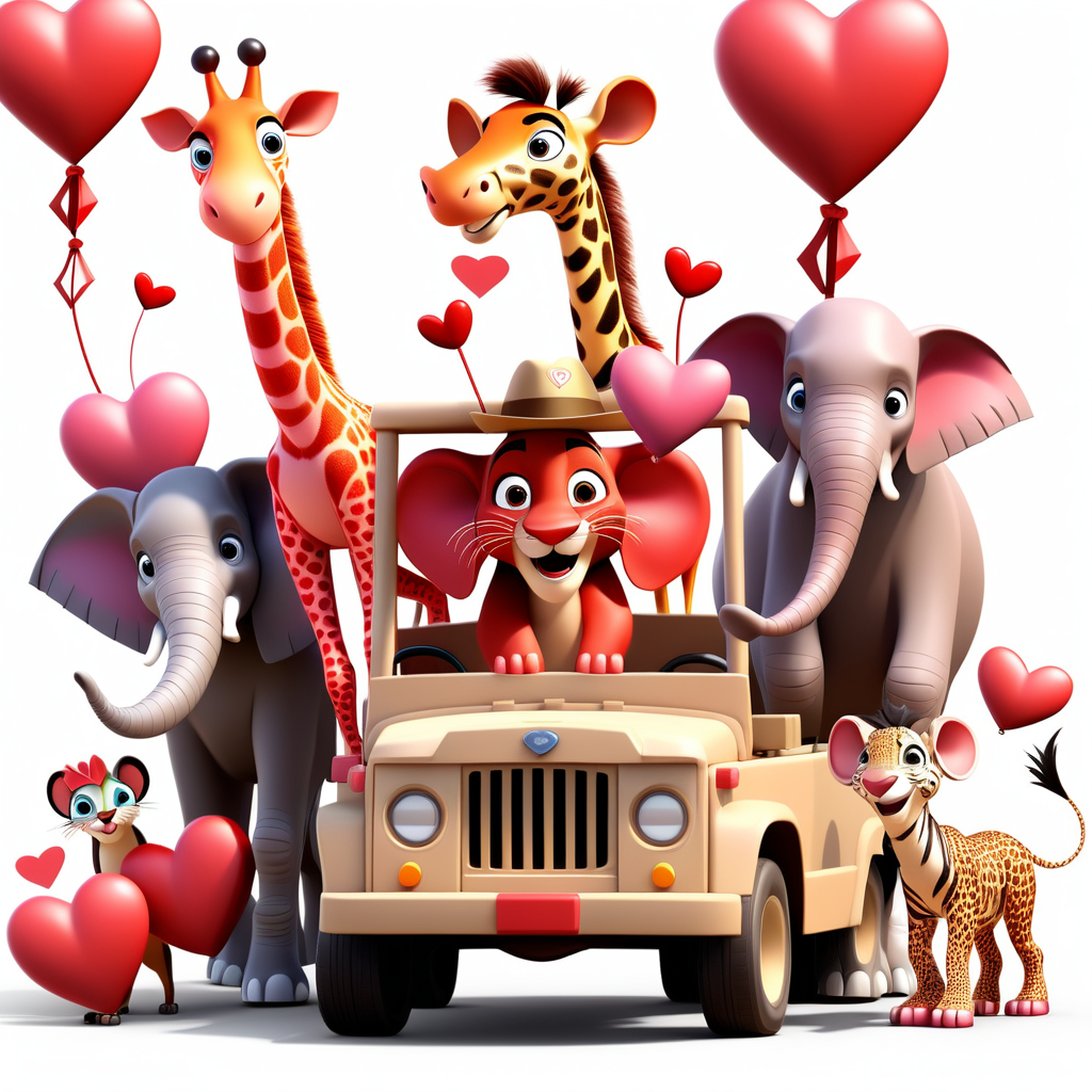 /envision prompt: "Playful Pixar 3D Safari Friends in Valentine Parade" clipart showcasing a variety of safari animals, adorned with Valentine accessories, marching joyfully against a pristine white background. The scene exudes a festive Valentine's spirit. --v 5 --stylize 1000